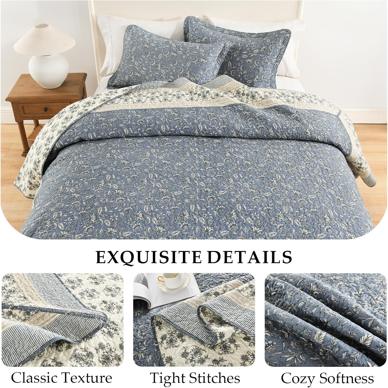 Floral Bedspread 128'x120' California King Bedspread, 100% Cotton XL Oversized King Quilt with 2 Pillowshams, Lightweight Botanical Quilted Bedspreads Coverlet Set, Blue/Gray/Beige, 3 Pcs