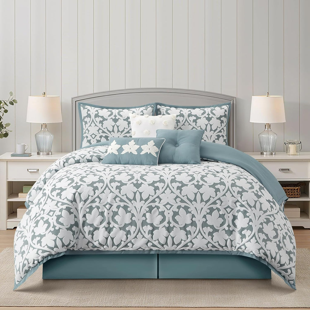Grand Avenue 7 Piece Blue Comforter Set, Queen Size Jacquard Bedding Set, All Season Floral Leaves Bedding, Matching Pillows, Shams, Bed Skirt