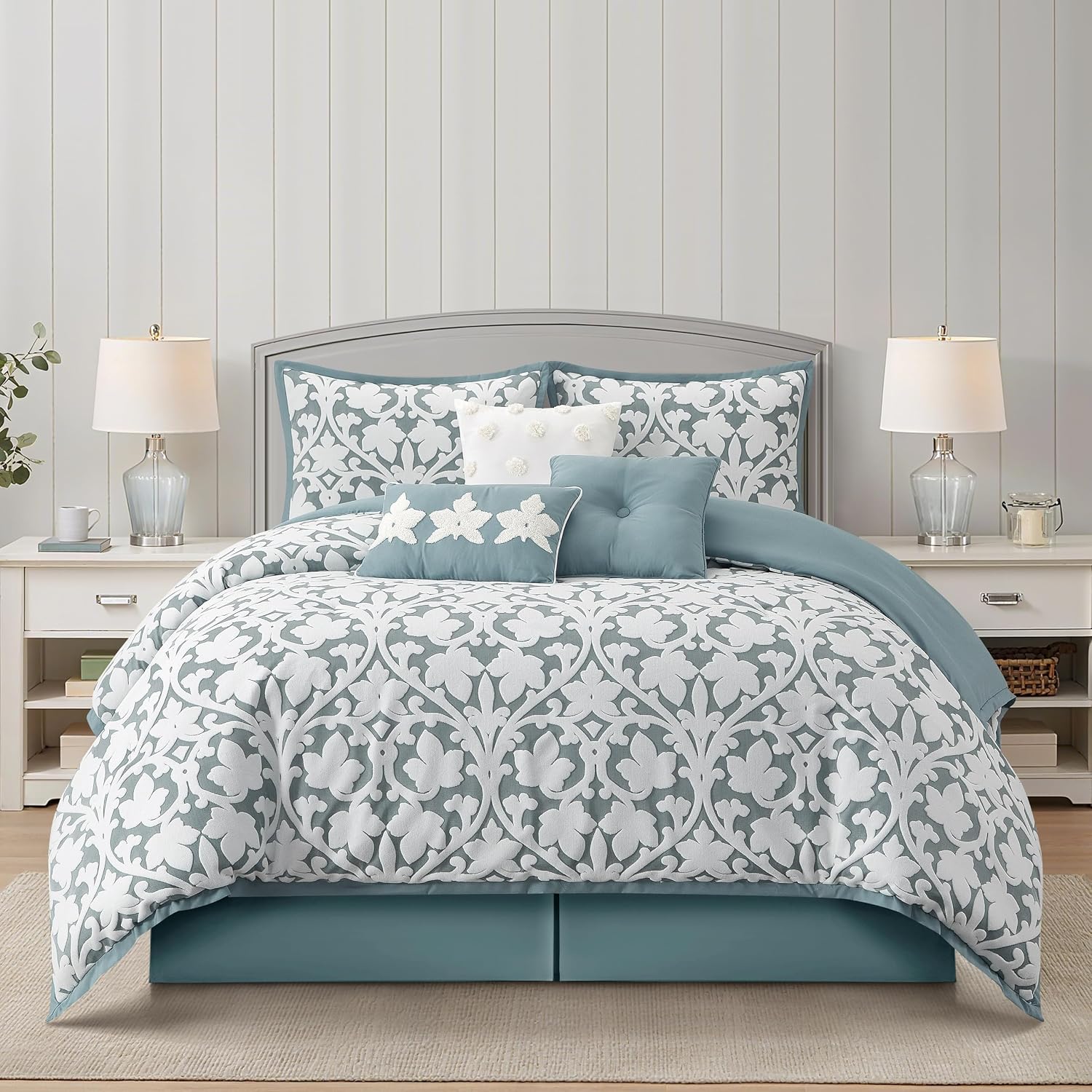 Grand Avenue 7 Piece Blue Comforter Set, Queen Size Jacquard Bedding Set, All Season Floral Leaves Bedding, Matching Pillows, Shams, Bed Skirt