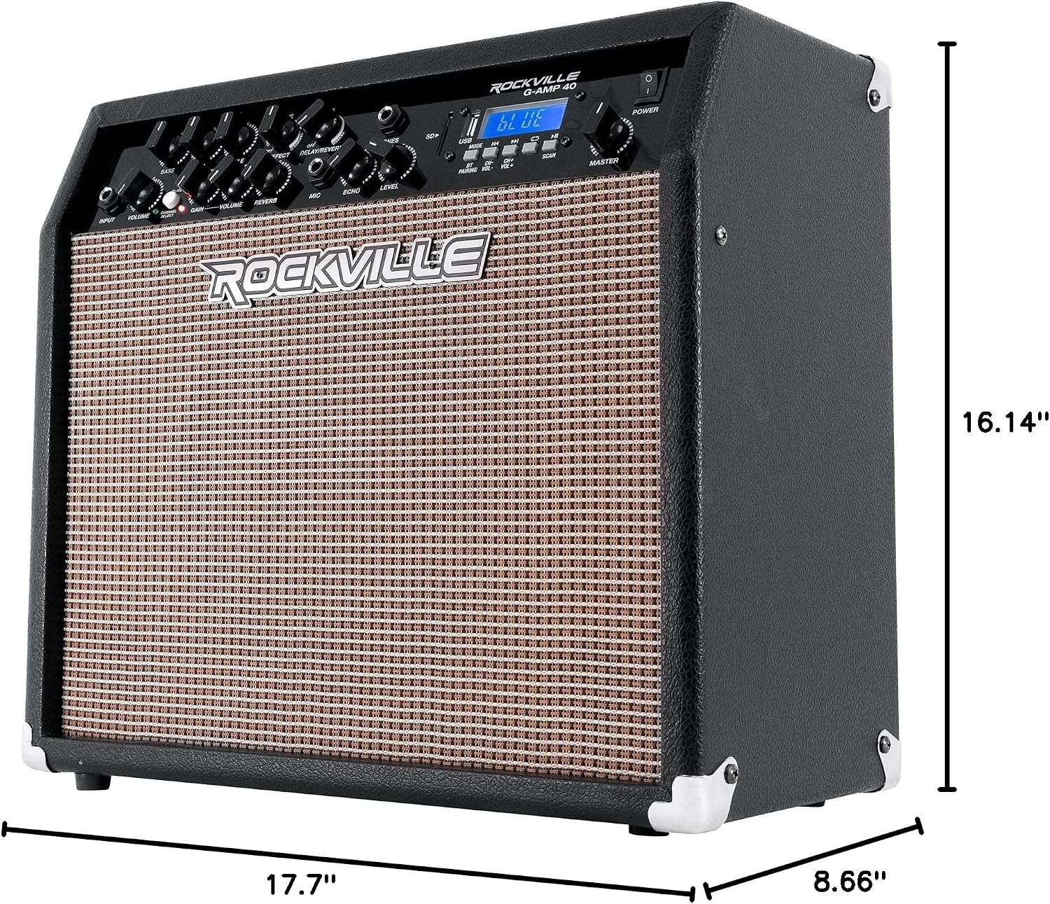 Rockville G-AMP 40 40W Guitar Combo Amplifier, Bluetooth, Mic Input with Echo, USB/SD Playback, Footswitch, Built-in Effects, Portable for Practice and Performance