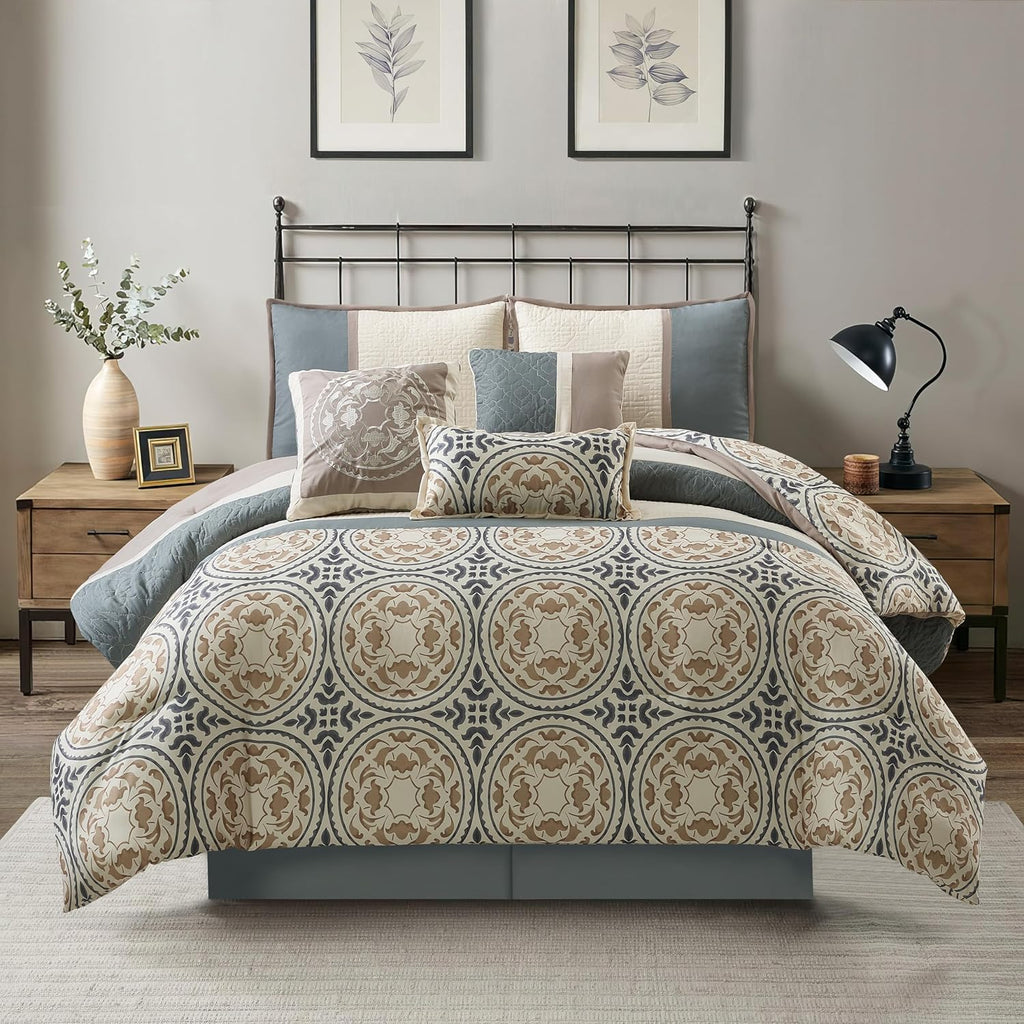 Grand Avenue Multi-Color Cal King Comforter Set, 7 Piece, Microfiber Print Bedding Sets & Collections, Pillow Shams Bedskirt, Home Decor