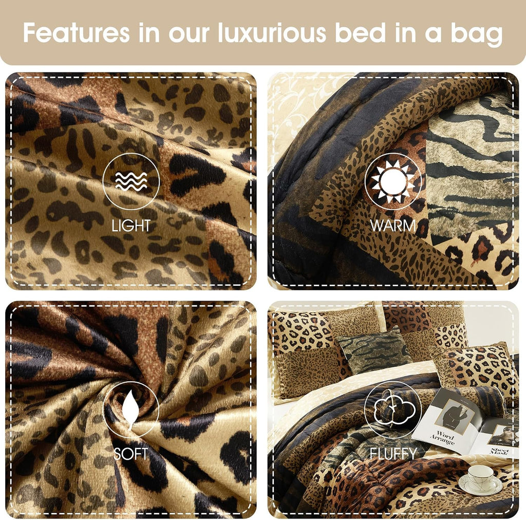 Grand Avenue Leopard Print 7 Pieces Queen Comforter Set, Bed in a Bag, Brown Matching Pillows & Shams, Bed Skirt, Premium Quality, Ultra-Soft