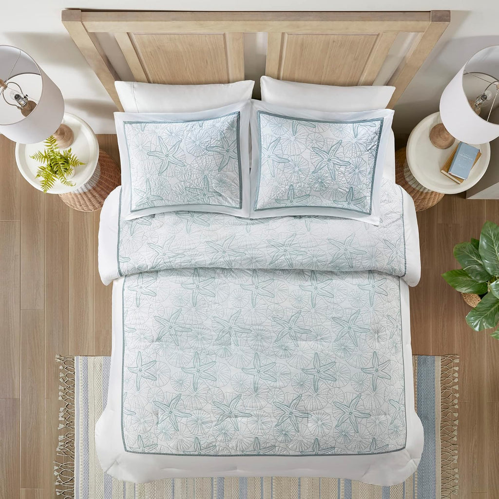 Harbor House Cotton Comforter Set - Coastal Oceanic Sealife Design, All Season Down Alternative Bedding with Matching Shams, Bedskirt, Maya Bay, Seafoam Blue King(108'x96') 4 Piece