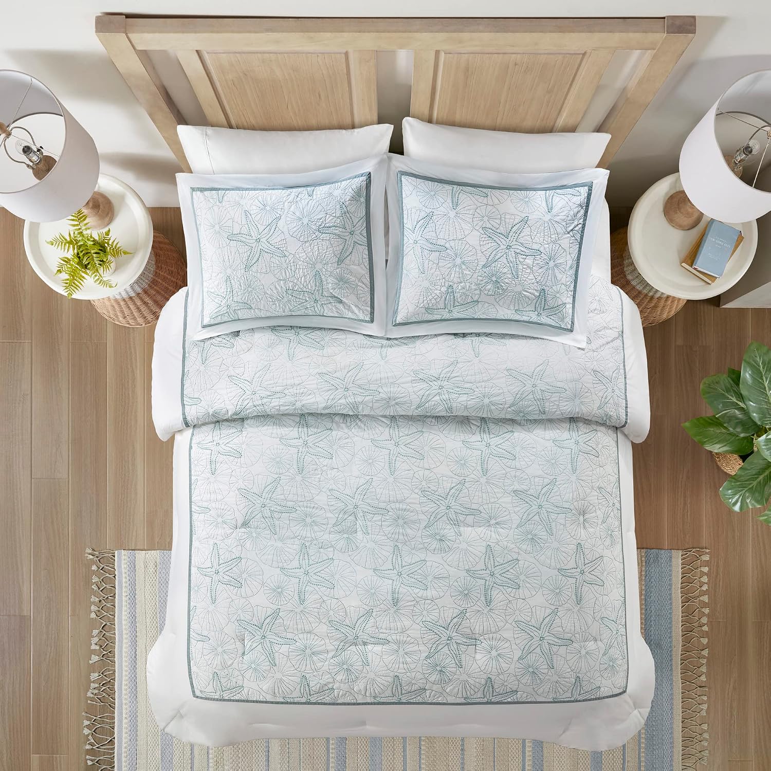 Harbor House Cotton Comforter Set - Coastal Oceanic Sealife Design, All Season Down Alternative Bedding with Matching Shams, Bedskirt, Maya Bay, Seafoam Blue King(108'x96') 4 Piece