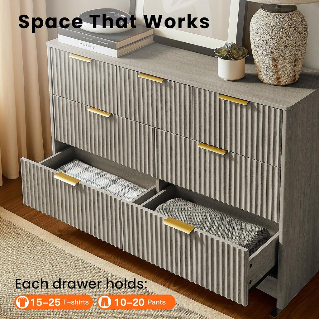 Pipishell Fluted 7 Drawers Dresser for Bedroom, 47' Wooden Drawers with Metal Handle, Dressers with Round Corner Design, Closet Storage Organizer for Bedroom, Hallway, Grey