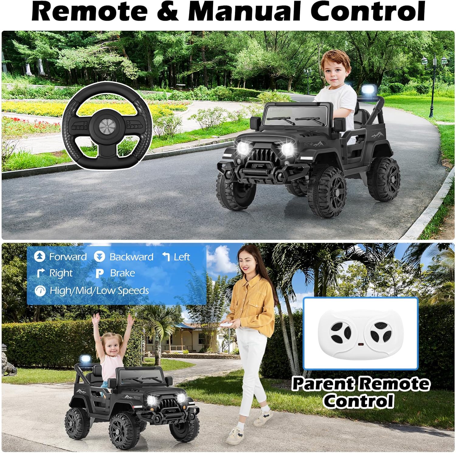 OLAKIDS Ride on Truck, 12V Battery Powered Electric Vehicle for Kids with Remote Control, Bluetooth, Power Display, LED Lights, Music Player, Ride on Toy for 3+ Boys Girls (Black)