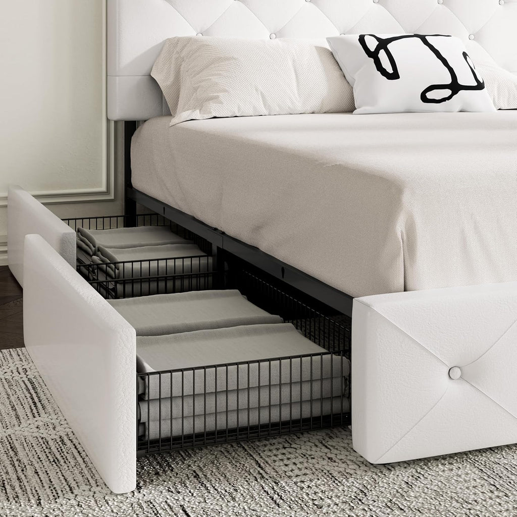 MUTICOR Full Size Bed Frame with 4 Storage Drawers, Upholstered Platform Bed with Button Tufted Adjustable Headboard, No Box Spring Needed, Easy Assembly, Diamond Tufted, White Leather