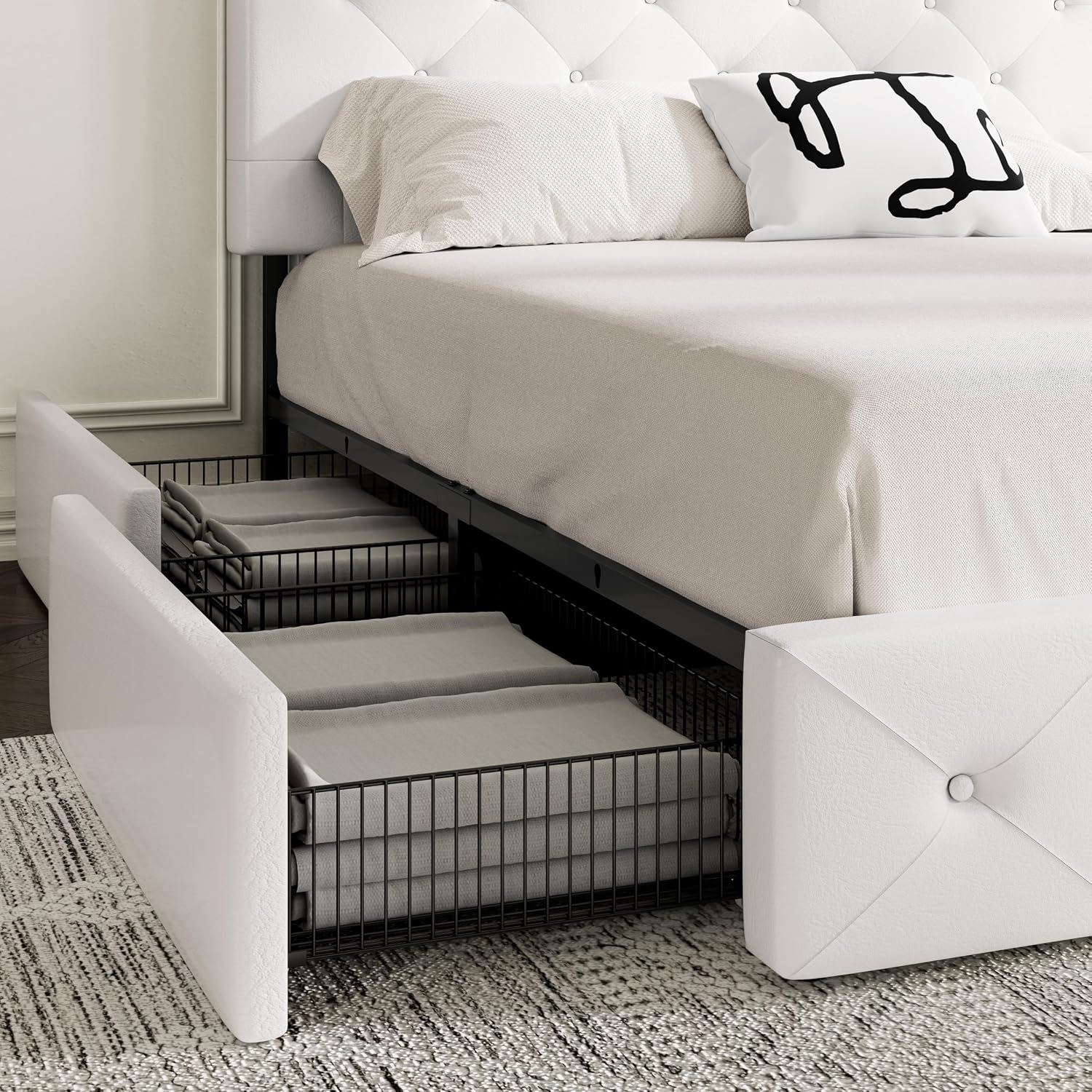 MUTICOR Full Size Bed Frame with 4 Storage Drawers, Upholstered Platform Bed with Button Tufted Adjustable Headboard, No Box Spring Needed, Easy Assembly, Diamond Tufted, White Leather