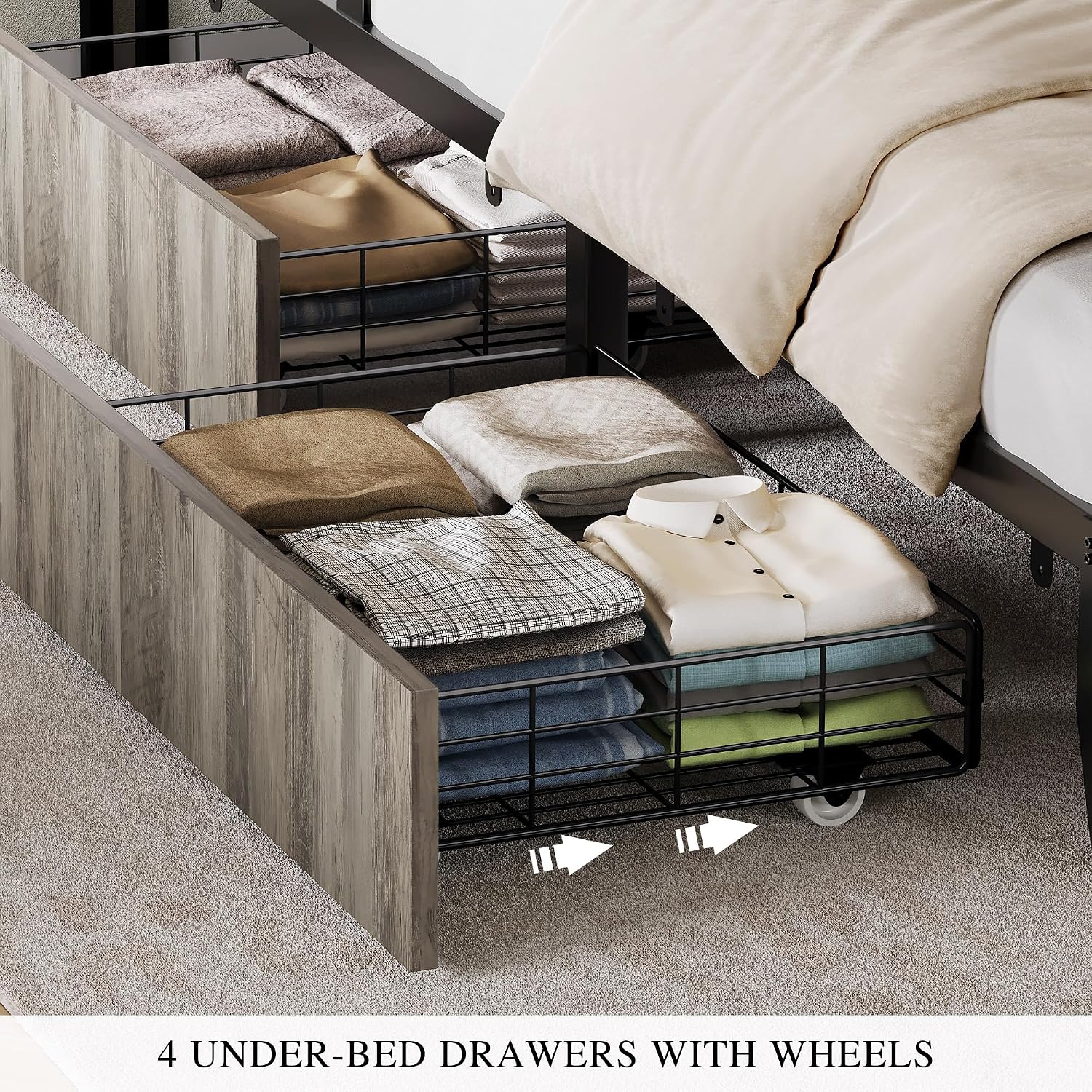YITAHOME Full Size Bed Frame with RGB LED Lights and 4 Drawers, Upholstered Platform Bed with Charging Station and Storage Headboard, No Box Spring Needed, Noise-Free, Fast Assembly, Rustic Grey