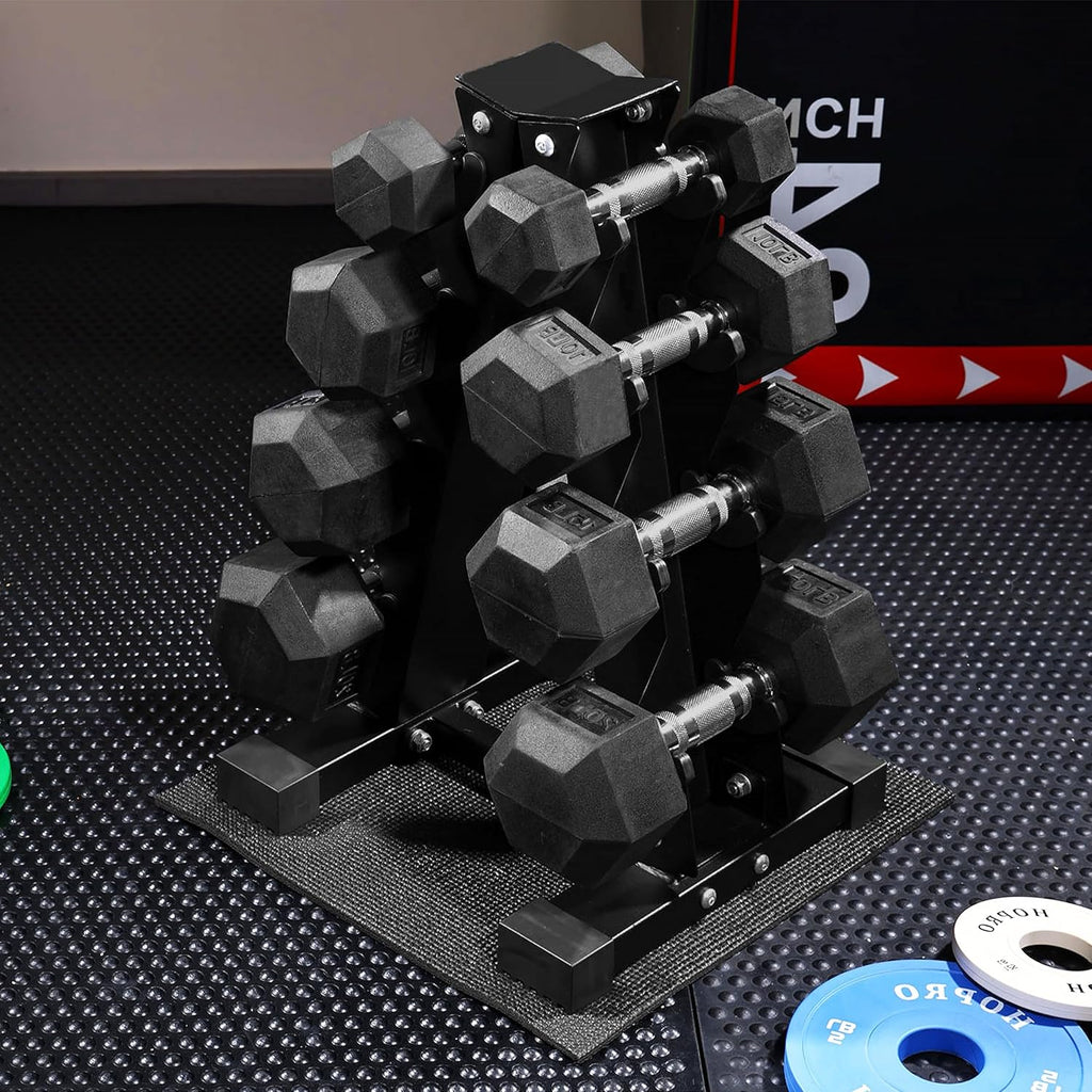 Fitvids 100LB Rubber Coated Hex Dumbbell Weight Set and Storage Rack – 5-20 lbs Pairs – 100LB Set with A-Rack – Black