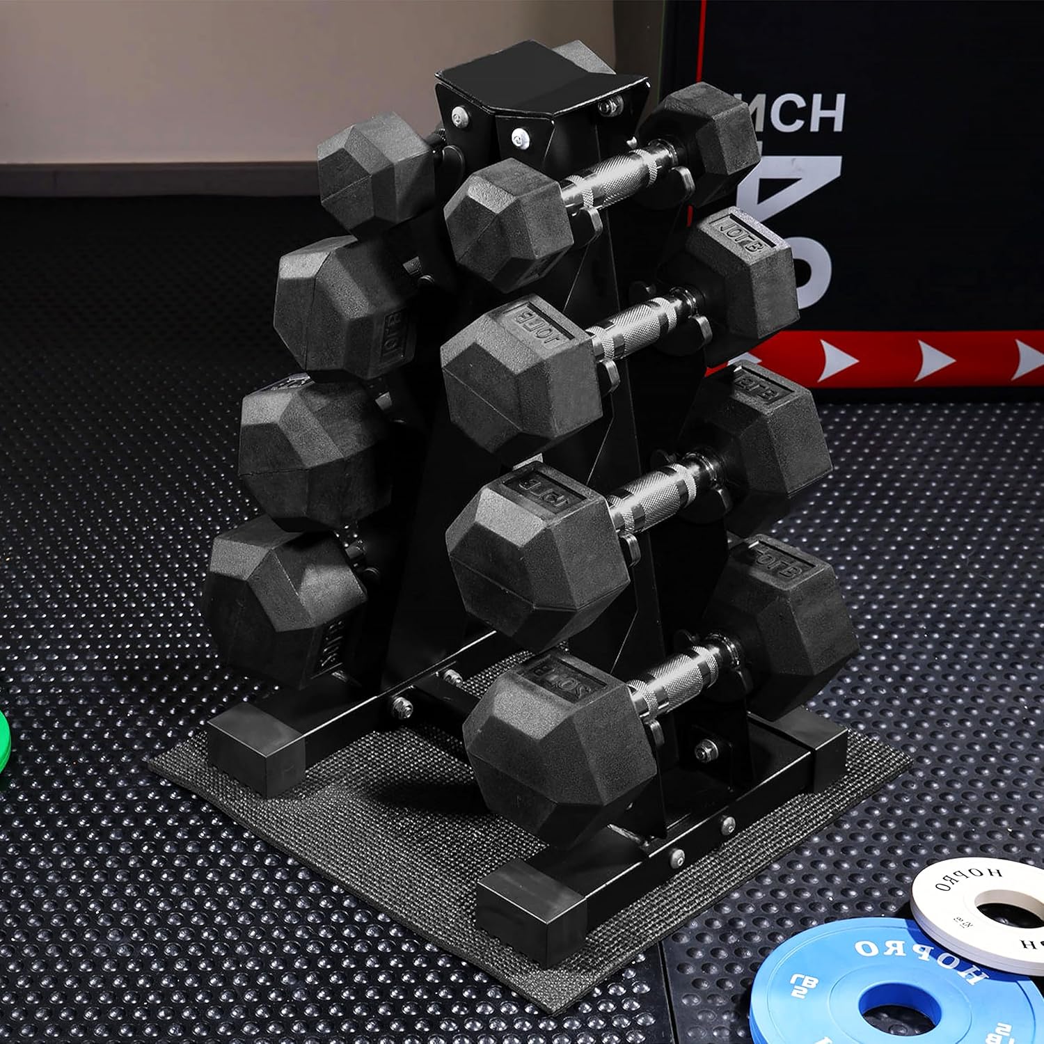 Fitvids 100LB Rubber Coated Hex Dumbbell Weight Set and Storage Rack – 5-20 lbs Pairs – 100LB Set with A-Rack – Black