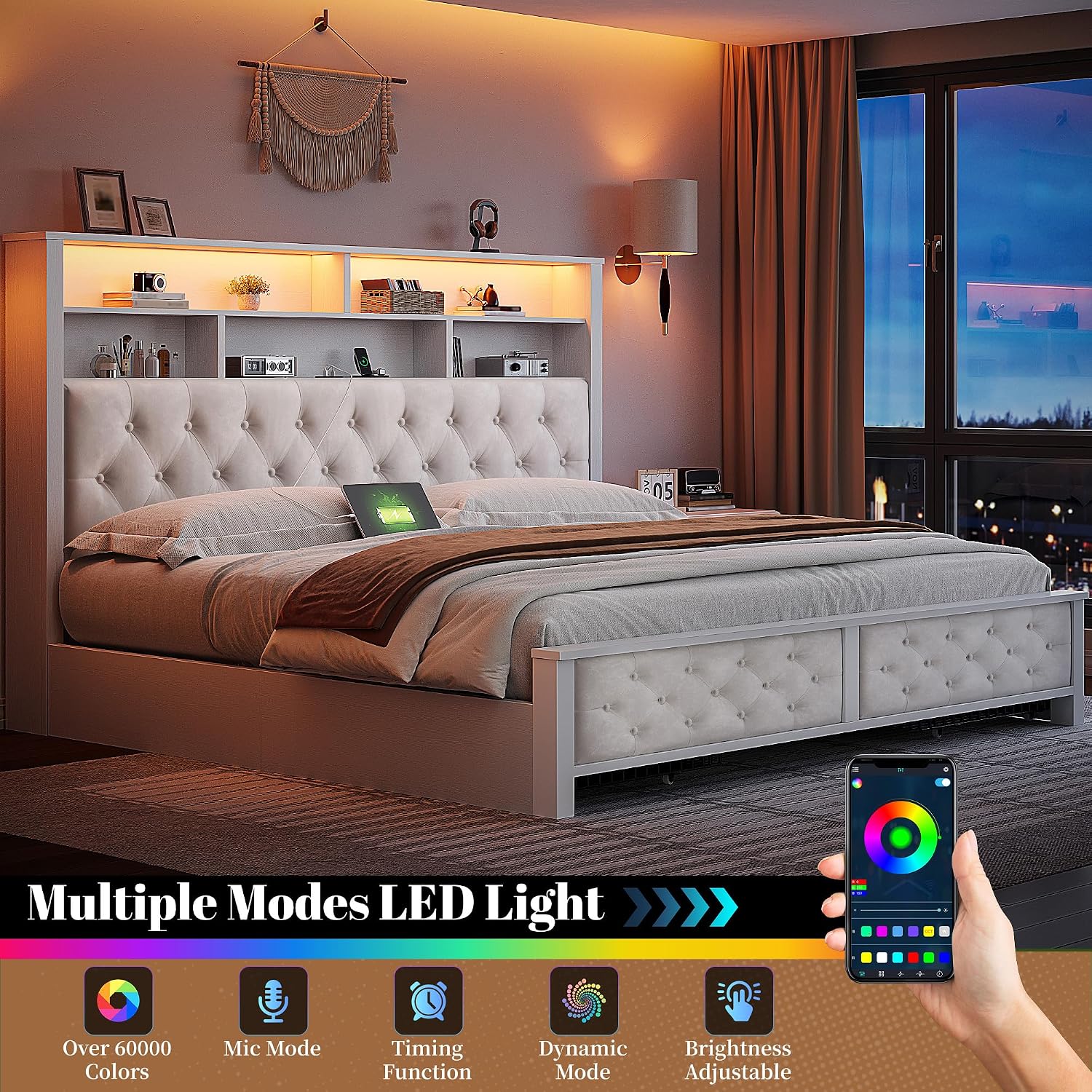EnHomee King Size Bed Frame with 4 Drawers and Upholstered Storage Headboard,Wooden King Bed Frame with Charging Station and LED Lights,NO Noise,No Box Spring Needed,Beige