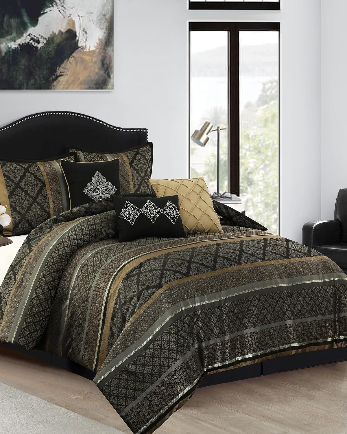 LANCO MODERN LIFESTYLE California King Comforter Set, Black Gold, Luxury Geometric Jacquard, All Seasons, 7 Pieces Bedding Set, Matching Shams, Bedskirt, Decorative Pillows