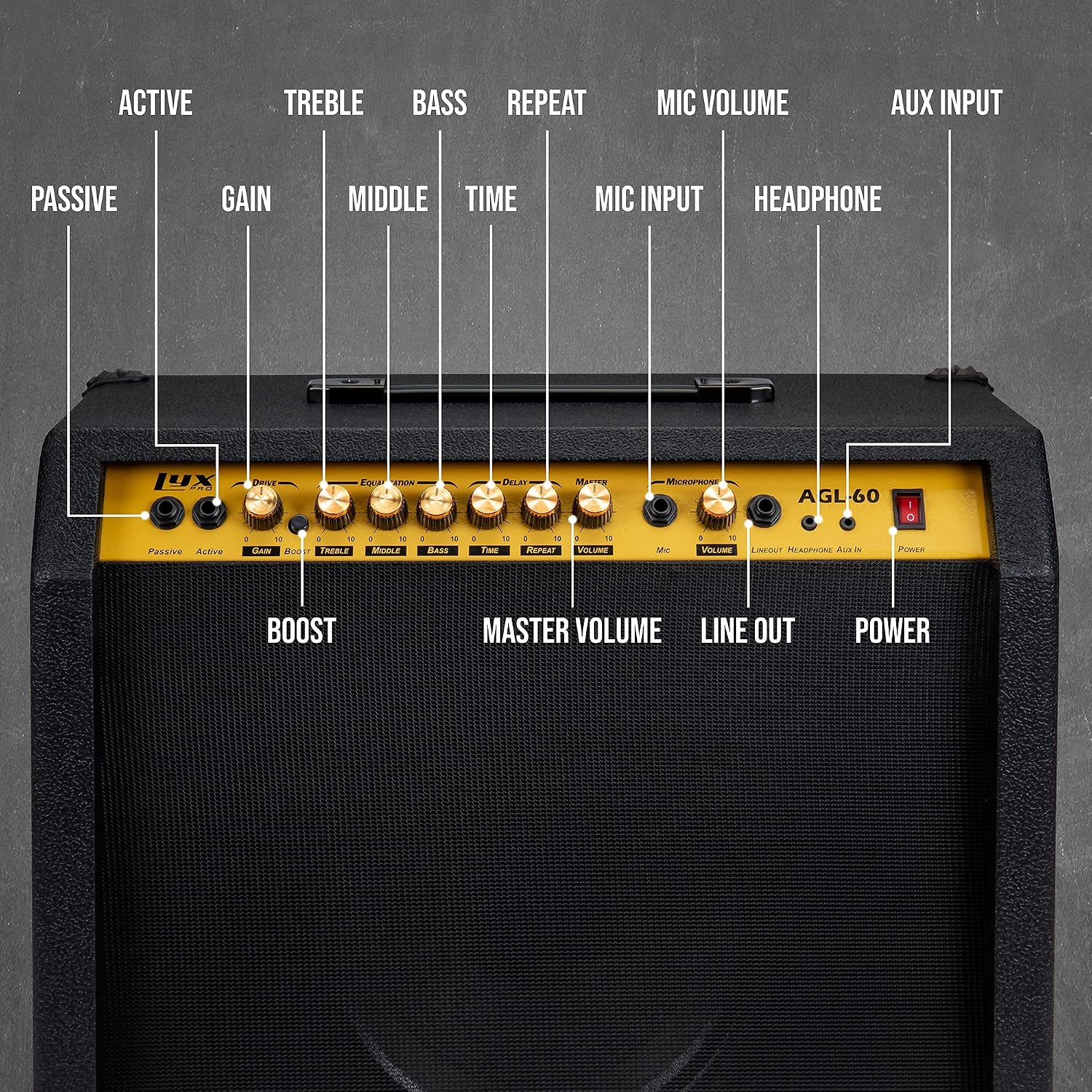 LyxPro 60 Watt Electric Guitar Amplifier | Combo Solid State Studio & Stage Amp with 10' 4-Ohm Speaker, Custom EQ Controls, Drive, Delay, ¼' Passive/Active/Microphone Inputs, Aux in & Headphone Jack