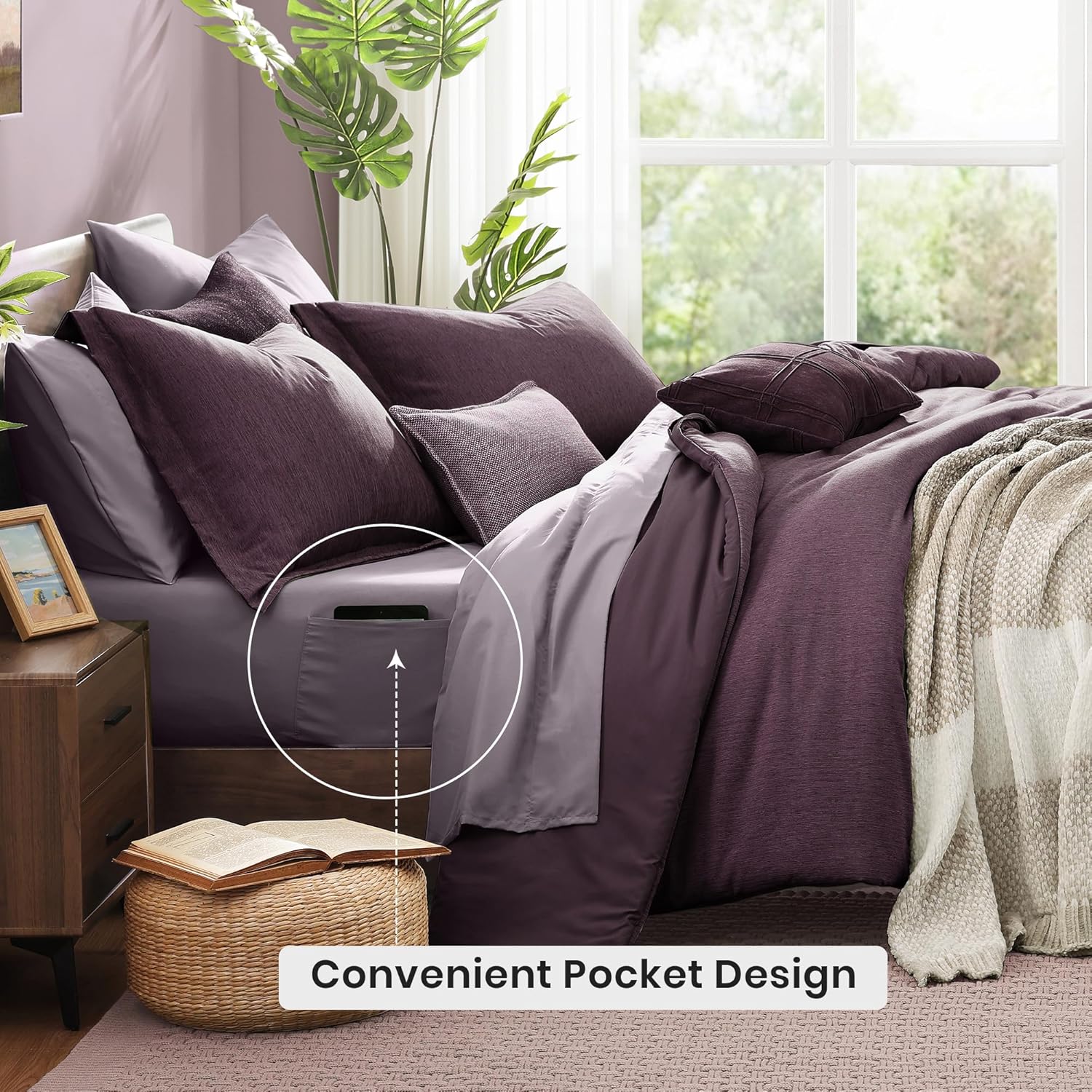 Monbix Super King Plus Comforter Set, Italian Plum Cationic Dyeing Bedding Set Reversible, Bed in a Bag 7 Pieces with Comforter, Sheets, Pillowcases & Shams