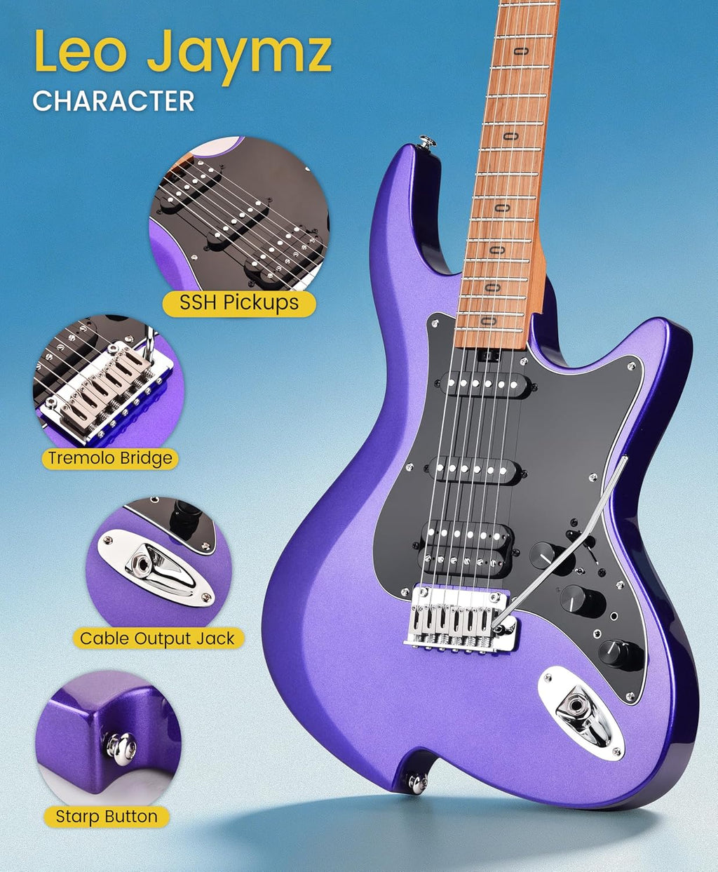 Leo Jaymz Character Series Electric Guitar with Roasted Maple Neck, SSH Active Pickups, Built-in Multi-Effects & Vintage Tremolo (Purple)
