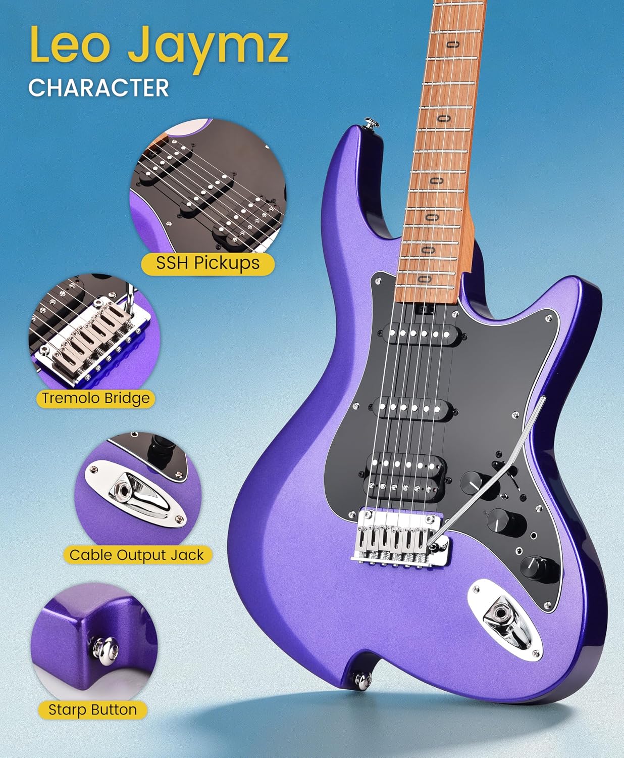 Leo Jaymz Character Series Electric Guitar with Roasted Maple Neck, SSH Active Pickups, Built-in Multi-Effects & Vintage Tremolo (Purple)
