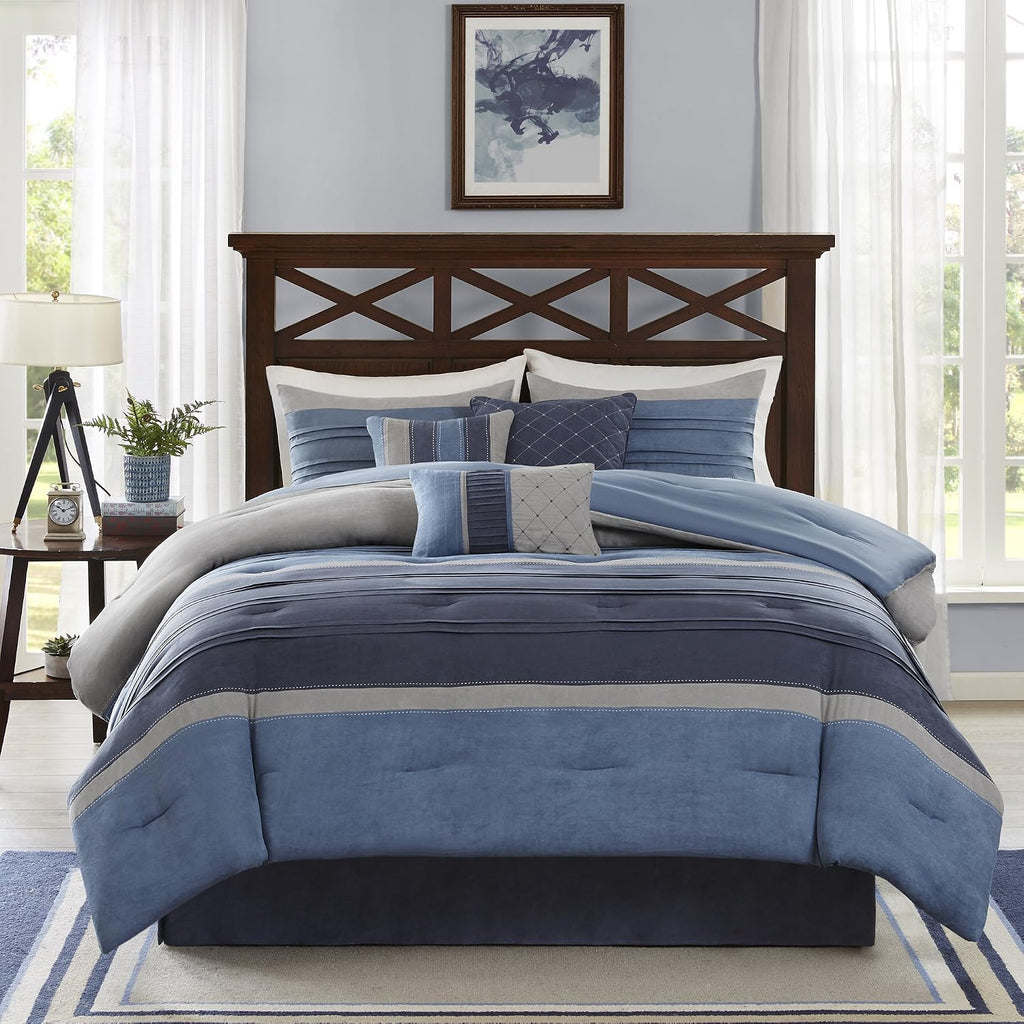 Madison Park - MP10-1638 Collins Comforter Set Bed in a Bag, Cal King(104'x92'), Blue Grey