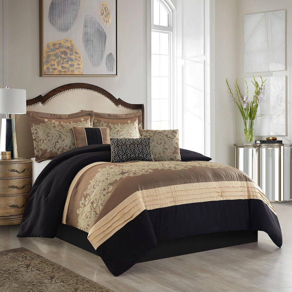Grand Avenue Black/Gold Bed Comforter King Set, 7 Piece, Ultra Soft, Premium Microfiber, Pillow Shams Bedskirt, Jacquard Bedding Set, All Season