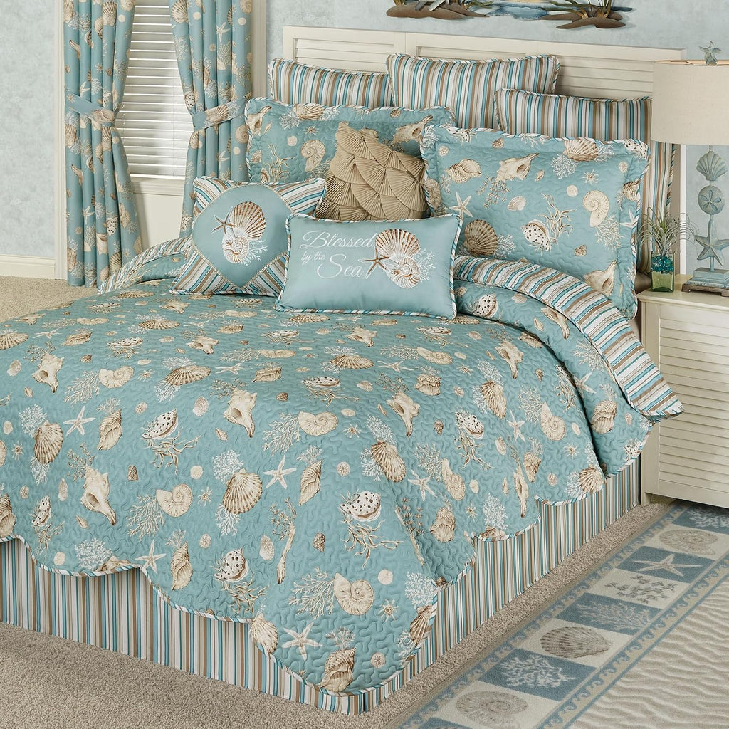 Seabreeze Coastal Beach Bedding | All Season Quilted | Shell Starfish Coral Stripe | Aqua Teal Ivory Cream | 7 Pc Set: Queen Quilt, 2 Standard Shams, Bedskirt, 2 Square Pillows, Rectangle Pillow