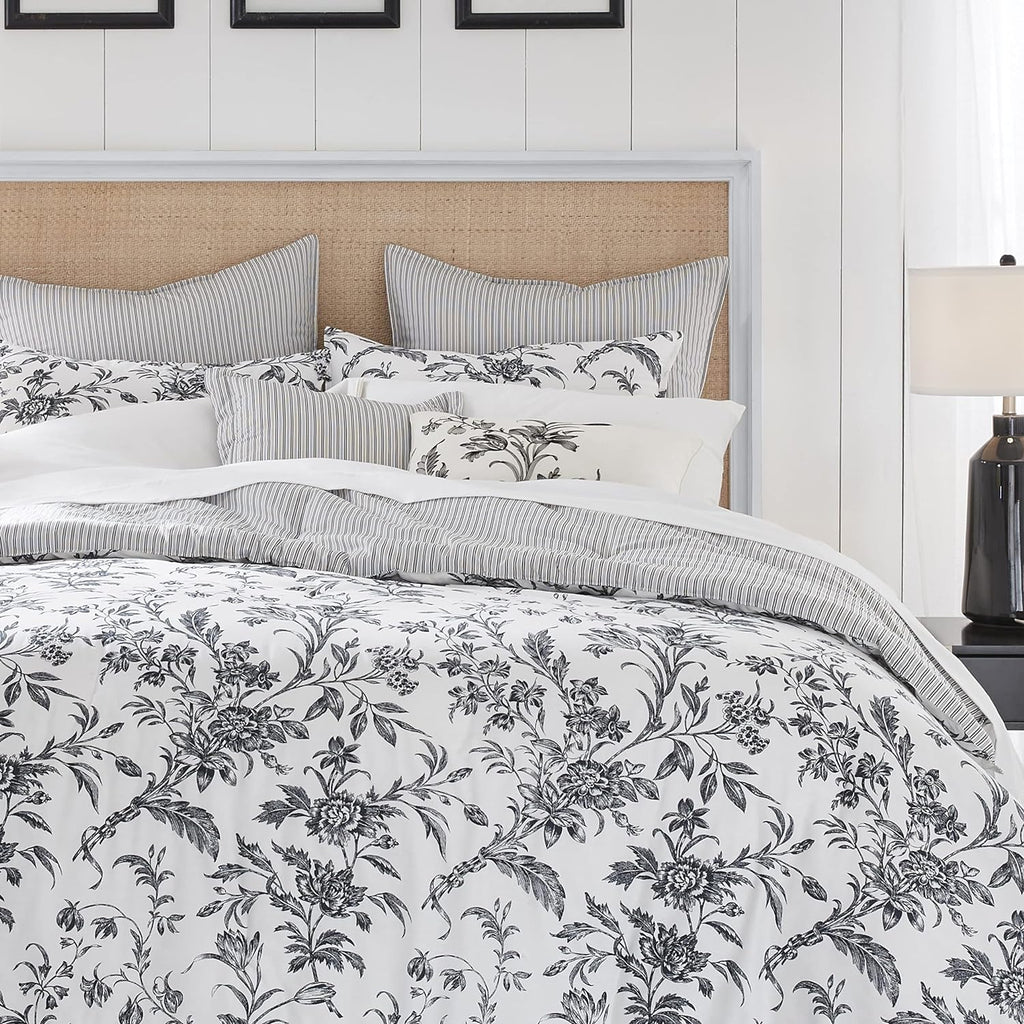 Laura Ashley - King Comforter Set, Reversible Cotton Bedding, Includes Matching Shams with Bonus Euro Shams & Throw Pillows (Amberley Black/White, King)