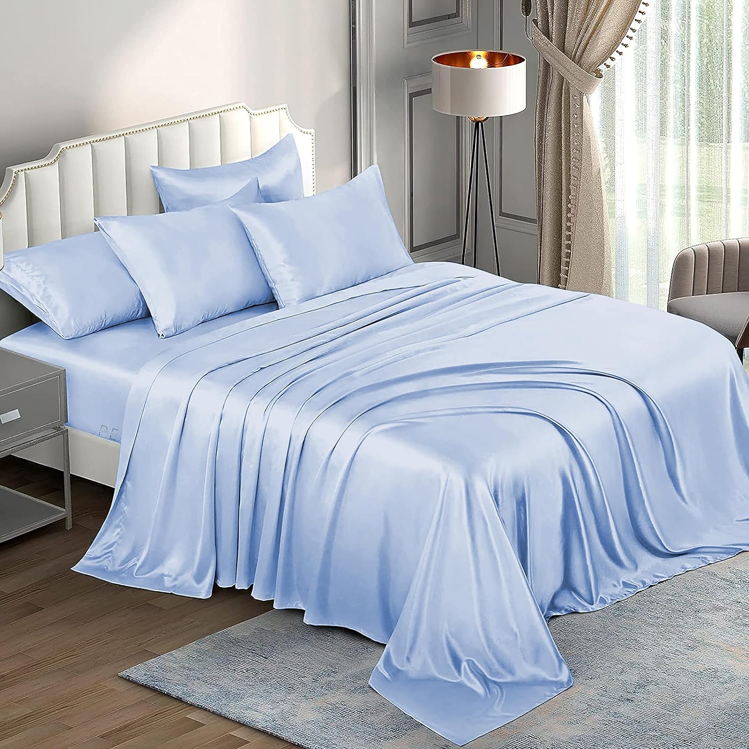 6 Piece Mulberry Silk Sheet Set Queen Size (60x80)+ Upto 16 Inch Deep Pocket Light Blue Color Smooth Soft and Silk Bed Sheets Queen Size Bedding Set