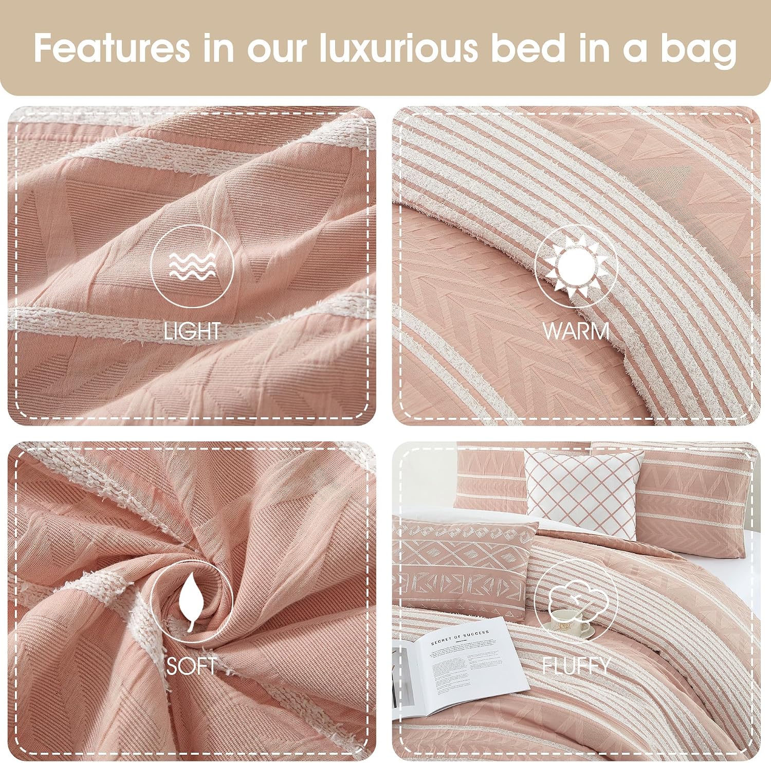 Grand Avenue Cotton King Size Comforter Set, 6 Piece, Blush Geometric Jacquard Bedding Set, Bedskirt, Pillows & Shams, Home Decor