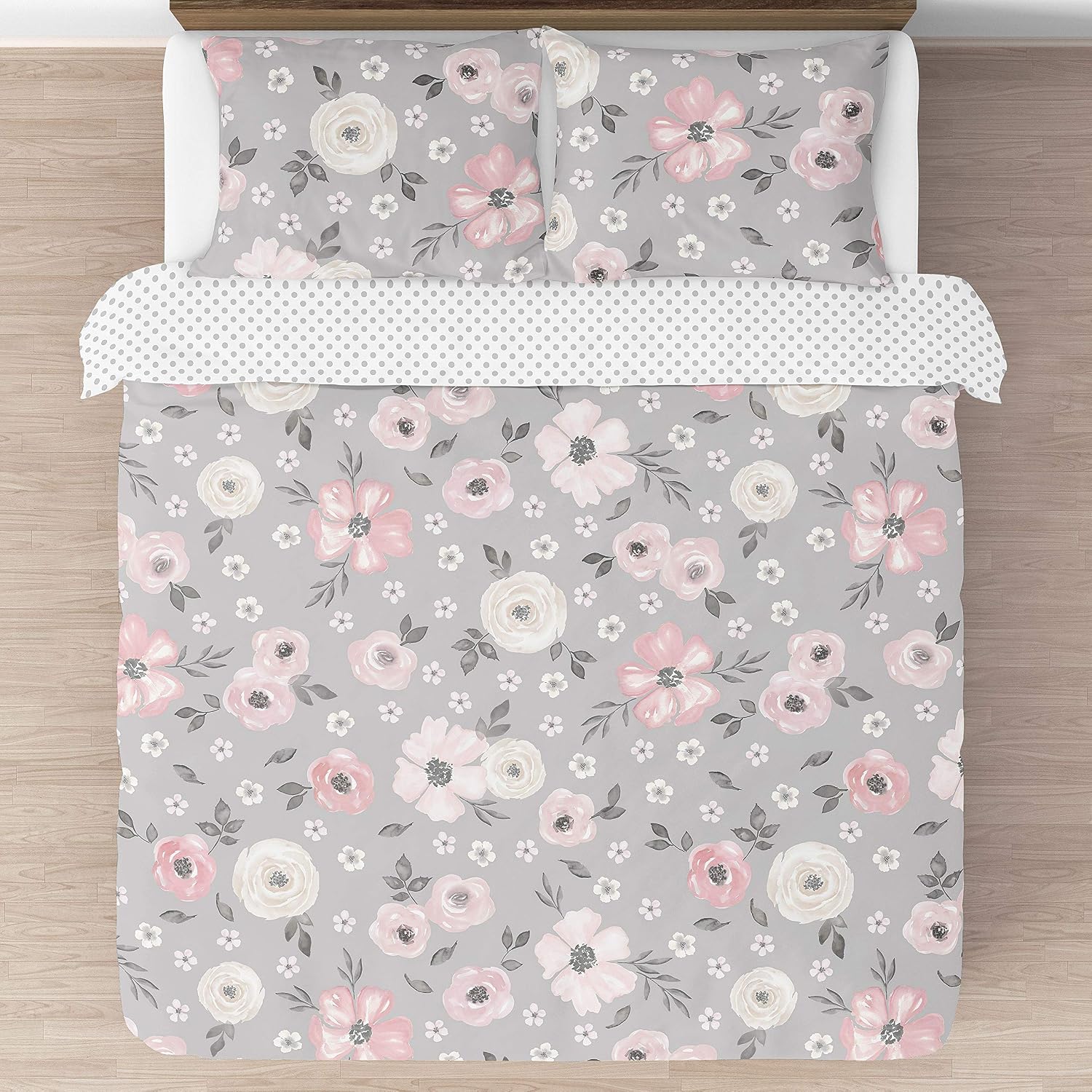 Sweet Jojo Designs Grey Watercolor Floral Girl Full/Queen Bedding Comforter Set Kids Childrens Size - 3 Pieces - Blush Pink Gray and White Shabby Chic Rose Flower Polka Dot Farmhouse