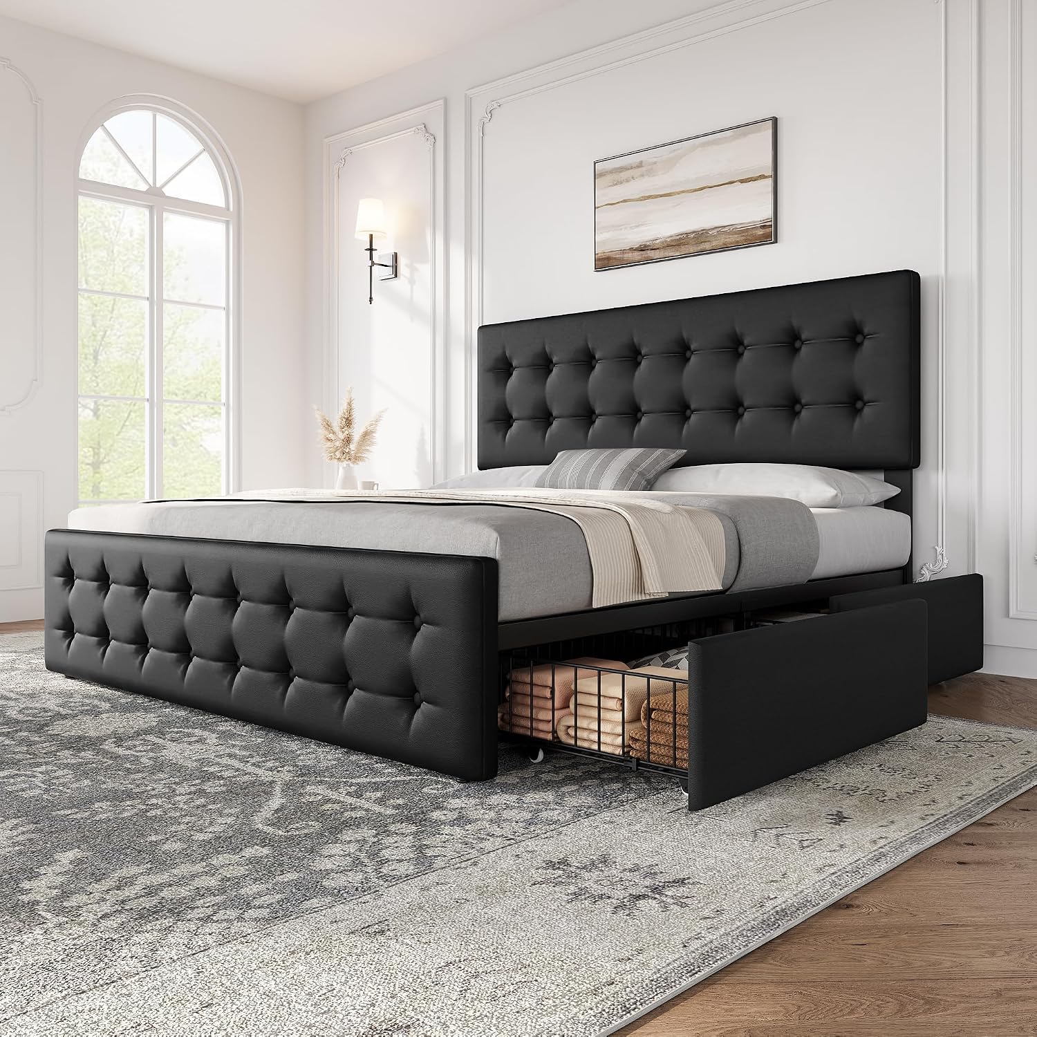 GAOMON King Size Bed Frame with 4 Drawers and Adjustable Headboard, PU Leather Upholstered Platform Bed with Button Tufted Design, No Box Spring Needed, Strong Wooden Slats, Black