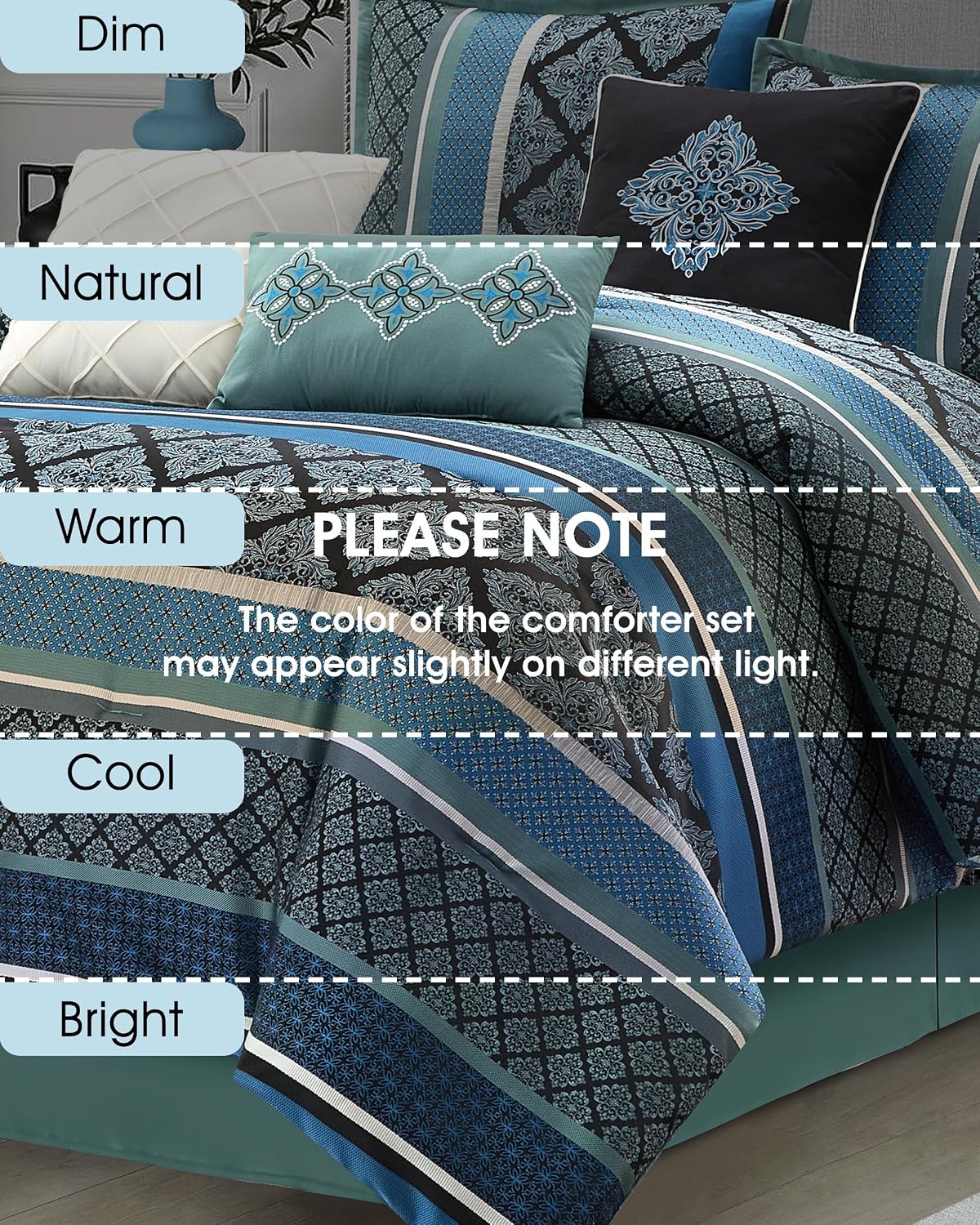 LANCO MODERN LIFESTYLE California King Comforter Set, Blue, Luxury Geometric Jacquard, All Seasons, 7 Pieces Bedding Set, Matching Shams, Bedskirt, Decorative Pillows