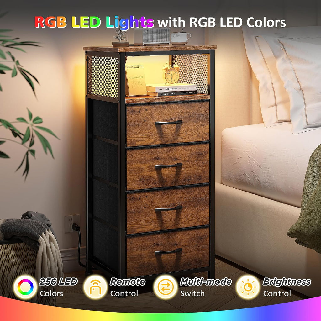 EnHomee Nightstand Set of 2, Night Stand with Charging Station & LED, Bedside Table with Fabric Drawers and Storage Shelf, Sturdy Steel Frame, Wood Top, Cloth Bags, Hooks, Brown
