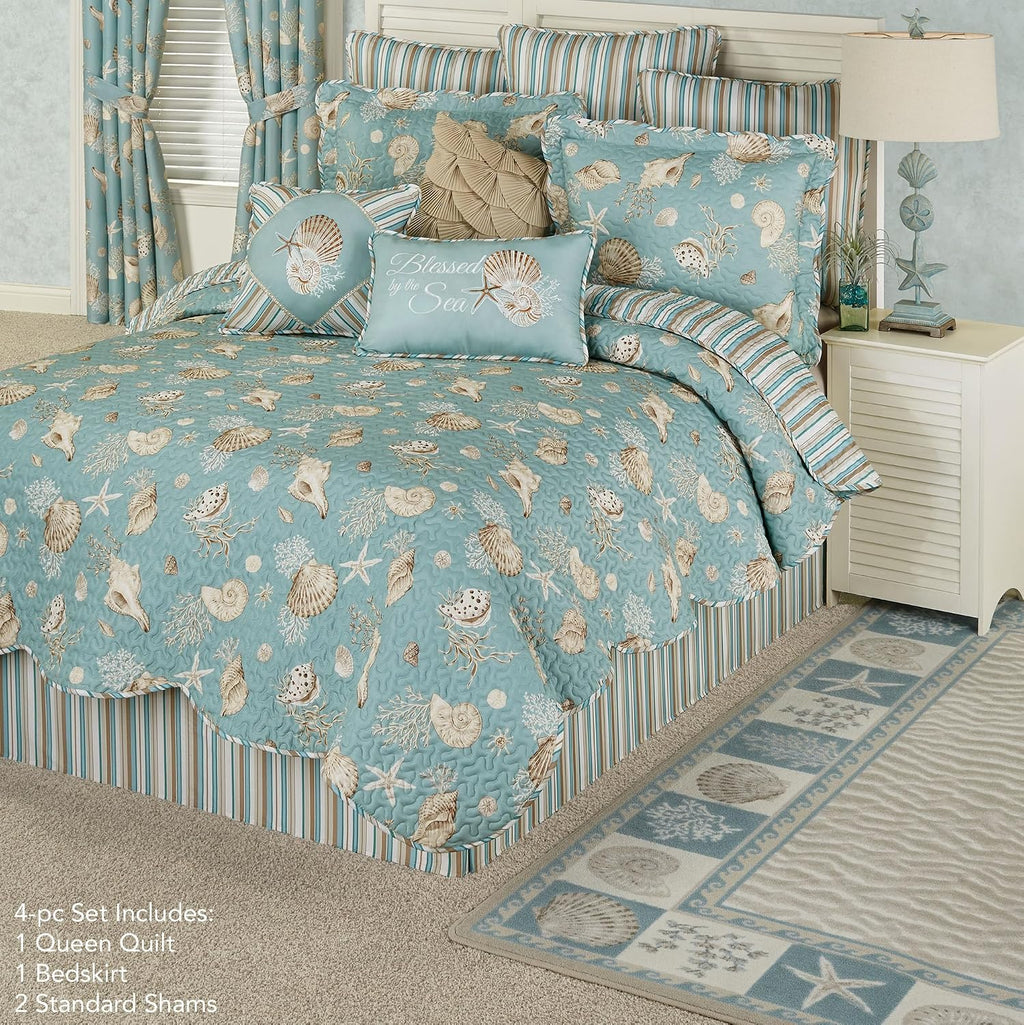 Seabreeze Coastal Beach Polyester Microfiber Bedding | All Season Quilted | Shell Starfish Coral Stripe | Aqua Teal Ivory Cream | Machine Washable | 4 Pc Set: Queen Quilt, 2 Standard Shams, Bedskirt