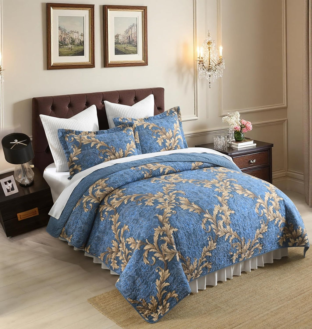 King Size Quilt Set - Blue and Brown Quilt King, 100% Cotton Damask Bedspread Set 3 Piece, Classic Elegant Lightweight Comforter, Reversible Quilt Bedding Set for All Season
