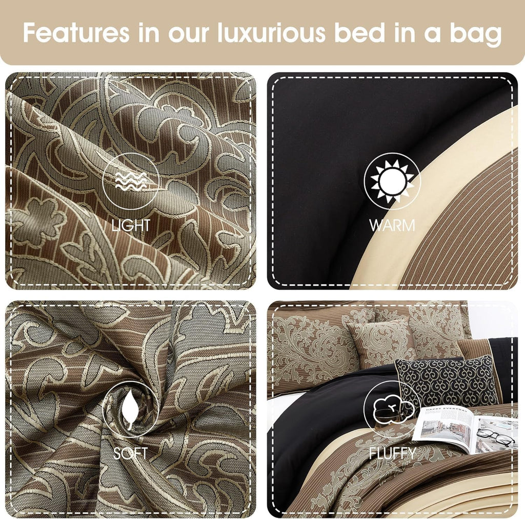 Stratford Park Black/Gold Bed Comforter King Set, 7 Piece, Ultra Soft, Premium Microfiber, Pillow Shams Bedskirt, Jacquard Bedding Set, All Season