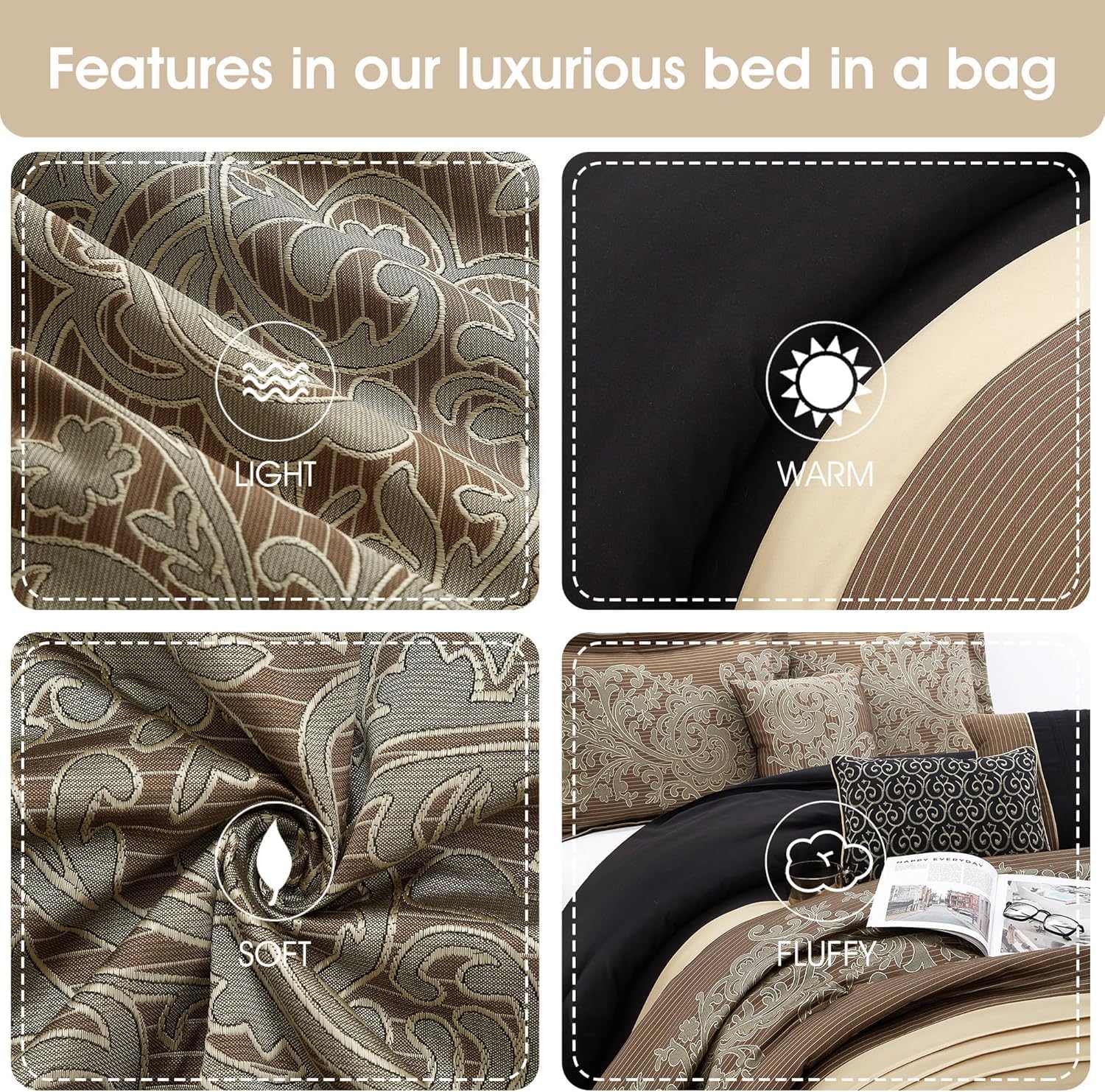 Stratford Park Black/Gold Bed Comforter King Set, 7 Piece, Ultra Soft, Premium Microfiber, Pillow Shams Bedskirt, Jacquard Bedding Set, All Season
