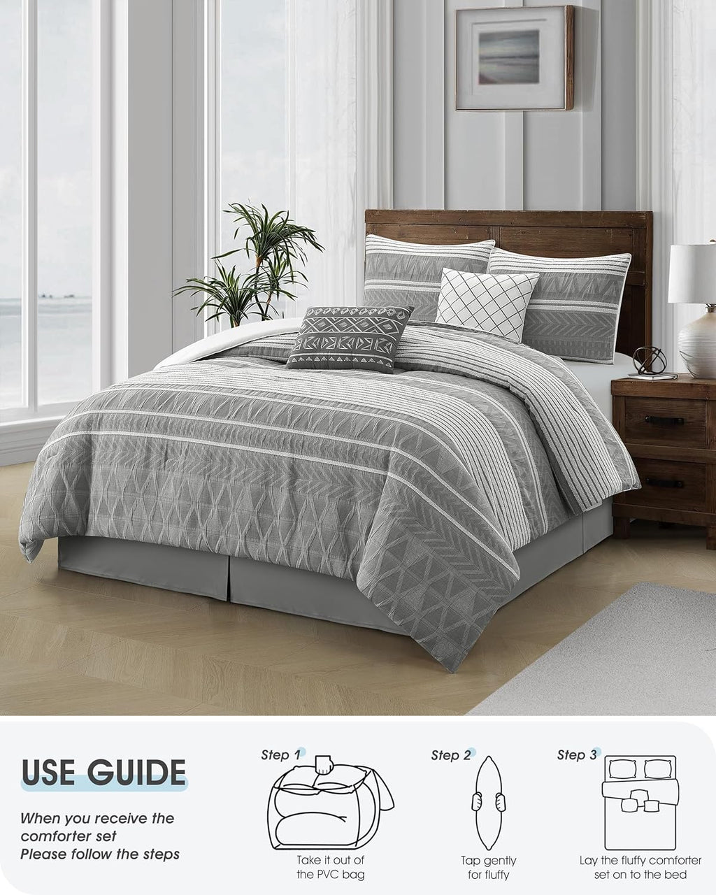 LANCO MODERN LIFESTYLE Cotton Comforter Set King Size, Gorgeous Geometric Jacquard, Grey Soft Lightweight Bedding Set for All Seasons, 6 Pieces with Bedskirt, Pillow Shams and Decor Pillows