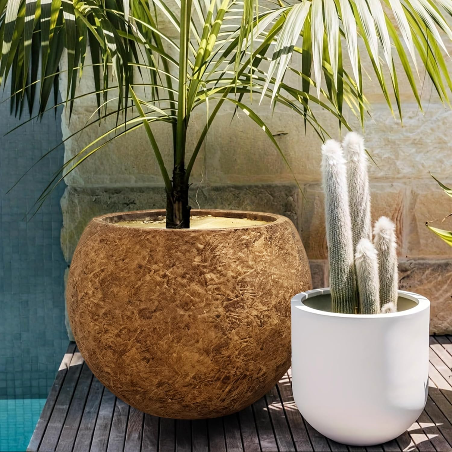 Panlaolao 17 H x 21' Dia (15' Pot Opening) Round Fiberstone Planter with Drainage Hole, Indoor/Outdoor Large Plant Pot for Home Patio Garden, Ideal for Large Plants-Camel