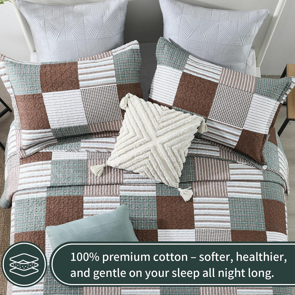 KALOOLA Plaid King Size Quilt Set, 100% Cotton Lightweight Quilted Bedspread with 2 Pillowshams for King Bed, Farmhouse Printed Bedding Set Coverlet for All Season, 3Pcs, Brown/Green