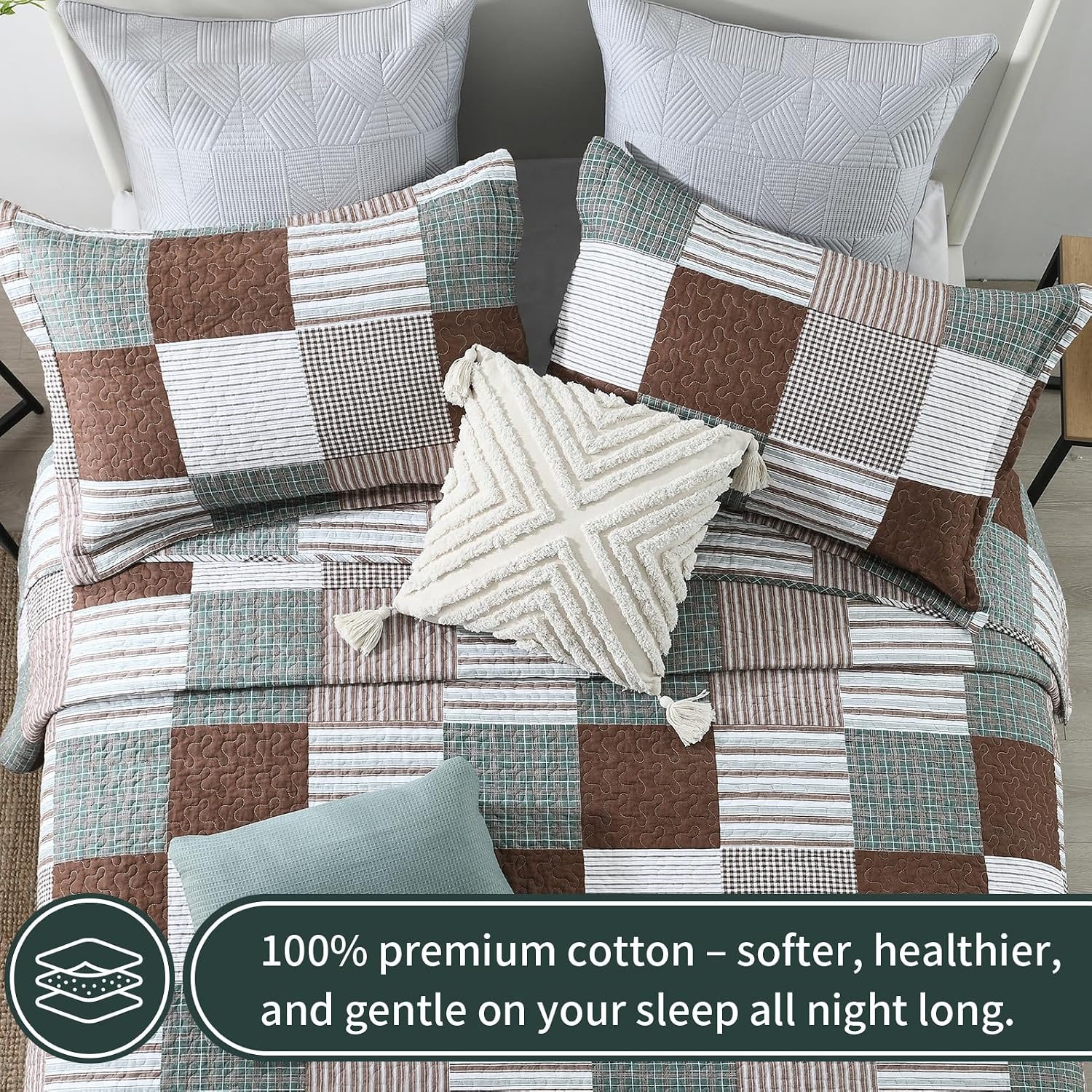 KALOOLA Plaid King Size Quilt Set, 100% Cotton Lightweight Quilted Bedspread with 2 Pillowshams for King Bed, Farmhouse Printed Bedding Set Coverlet for All Season, 3Pcs, Brown/Green