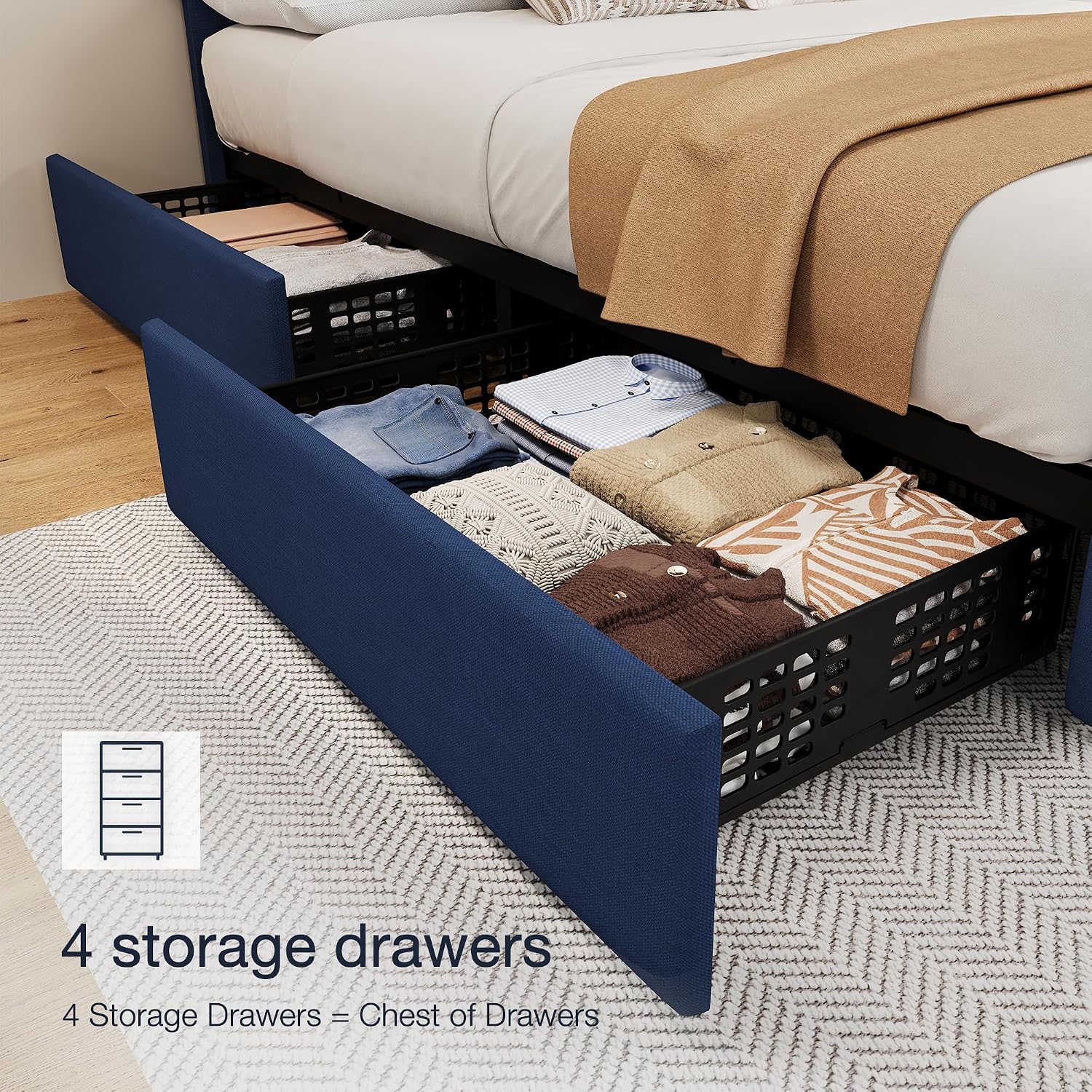 King Size Bed Frame with 4 Storage Drawers, Linen Upholstered Platform Bed Frame with Headboard and Footboard, Wooden Slats Support, Diamond Stitched Button Tufted, No Box Spring Needed, Blue