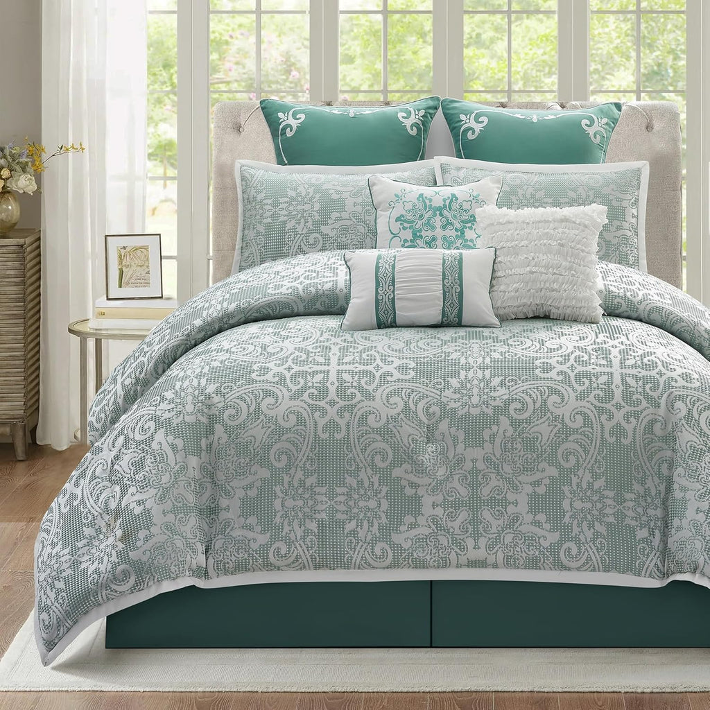 LANCO MODERN LIFESTYLE 9 Piece King Comforter Set, Sage Jacquard Damask, Bed in a Bag, All Seasons Bedding with Shams, Euro Shams, Bed Skirt and Decorative Pillows