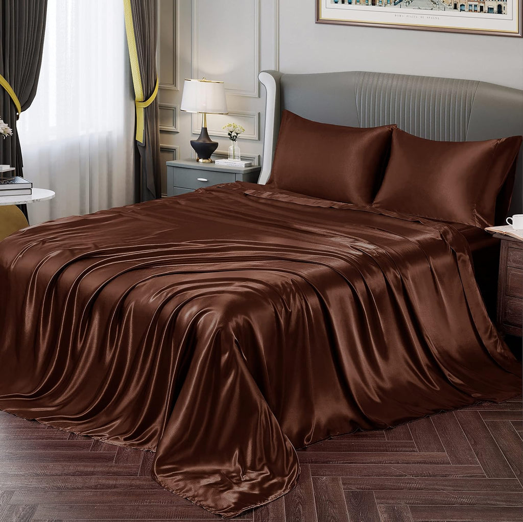 100% Mulberry Silk Sheet Set - 25 Momme Grade 6A, 21 Inch Deep Pocket, Luxurious Bed Sheets for Ultimate Comfort,Queen-Brown