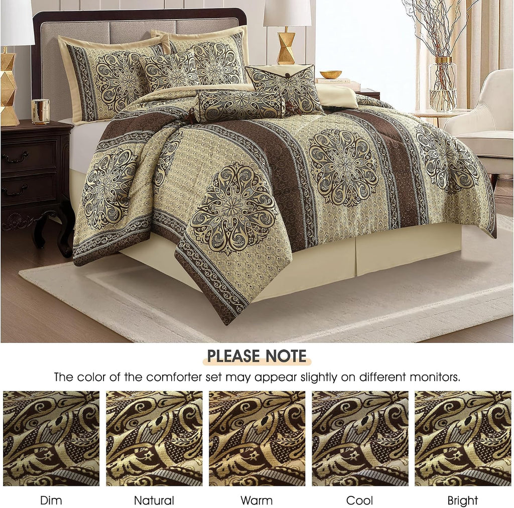 LANCO MODERN LIFESTYLE California King Comforter Set, Brown Medallion Jacquard Design, Luxurious Bohemian 7 Pieces Bedding Set with Decorative Pillows and Bed Skirt