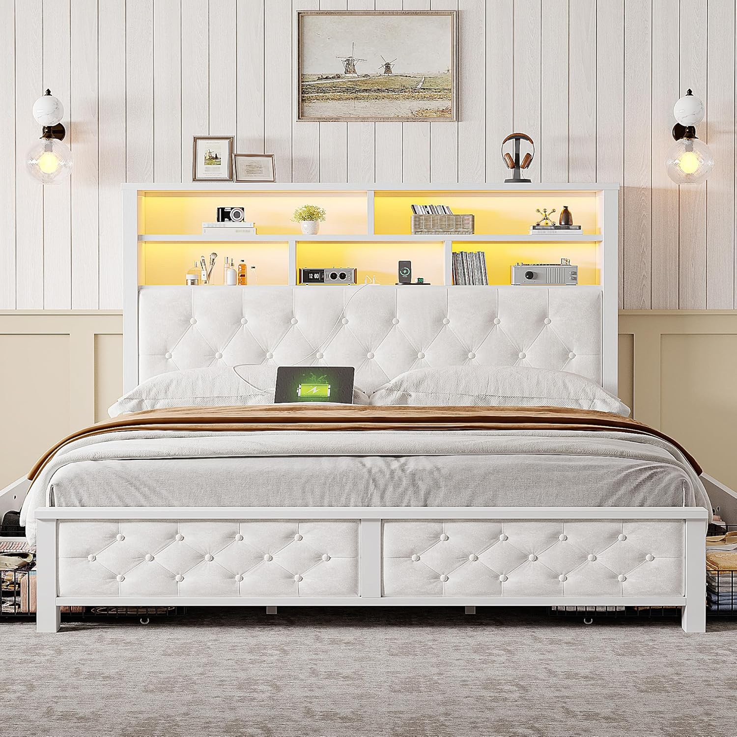 EnHomee Queen Bed Frame with Storage Headboard & 4 Drawers,Wooden Bed Frame Queen Size with Charging Station & LED Lights Upholstered,NO Noise,No Box Spring Needed,Beige