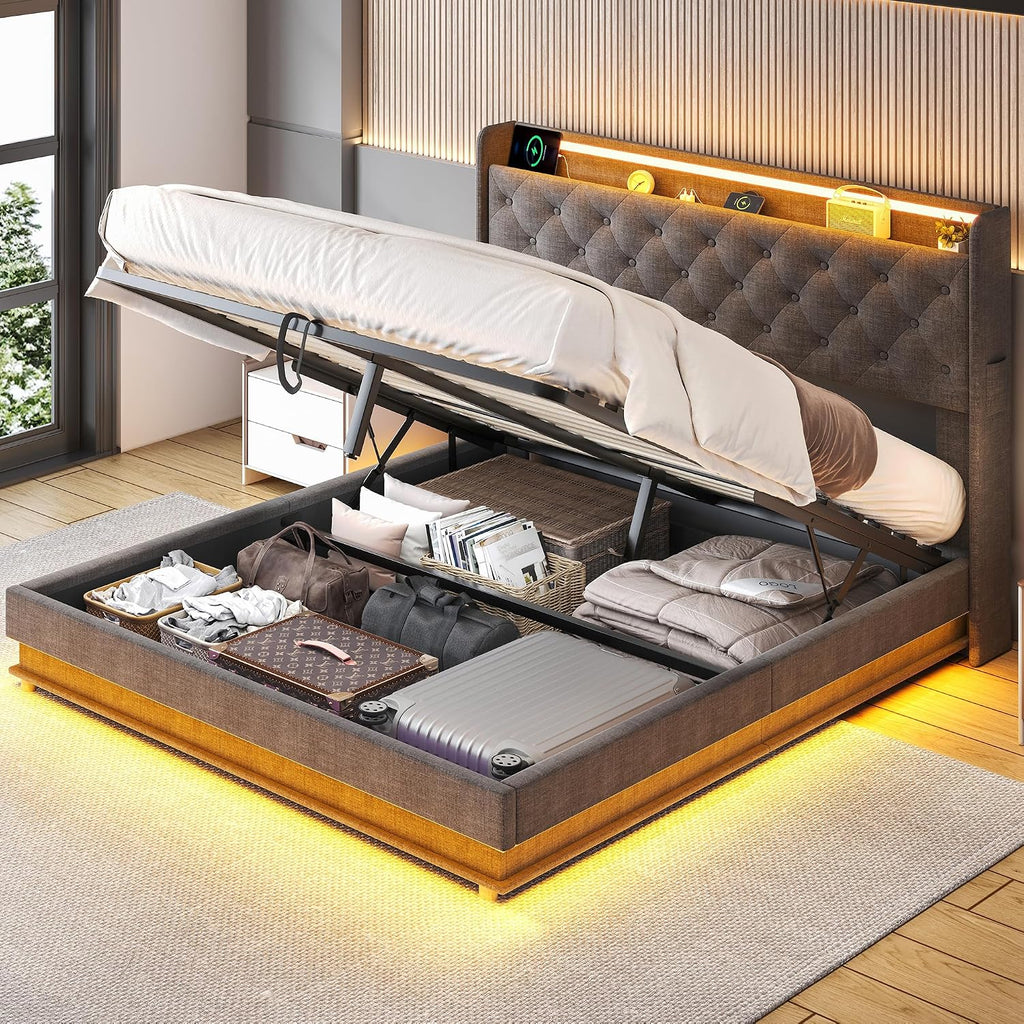 Ailisite Lift Up Storage Queen Bed, Upholstered Platform Bed with Button Tufted Wingback Storage Headboard, Bed Frame Queen Size with Led Lights and Charging Station, No Box Spring Needed, Grey