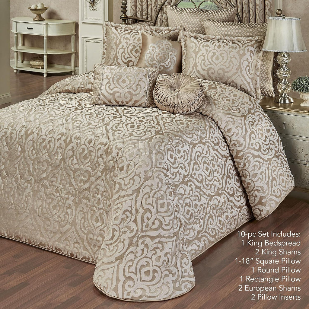 Davenport Luxury Bedding | Neutral Jacquard-Woven Puffed Scrollwork | 10 Pc Set includes King Bedspread, 2 King Shams, 2 European Shams, 2 European Pillow Inserts, and 3 Decorative Reversible Pillows