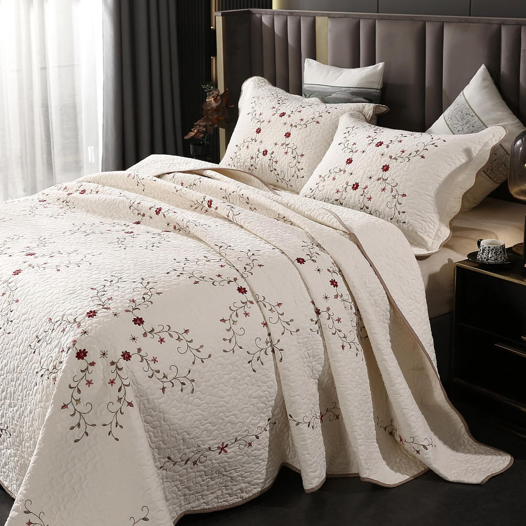 ROOMLIFE Quilt Set Floral Leaves 3D Embroidery Pattern 3 PCS Cotton Reversible Quilted Embroidered Decorative Bedspreads Coverlet Set, Lightweight &Soft Queen Size Bedding Coverlet for All Season