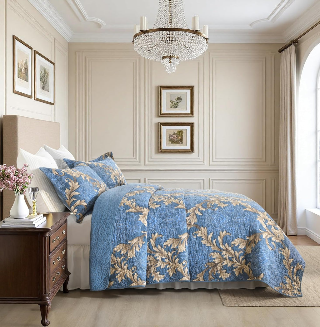 King Size Quilt Set - Blue and Brown Quilt King, 100% Cotton Damask Bedspread Set 3 Piece, Classic Elegant Lightweight Comforter, Reversible Quilt Bedding Set for All Season