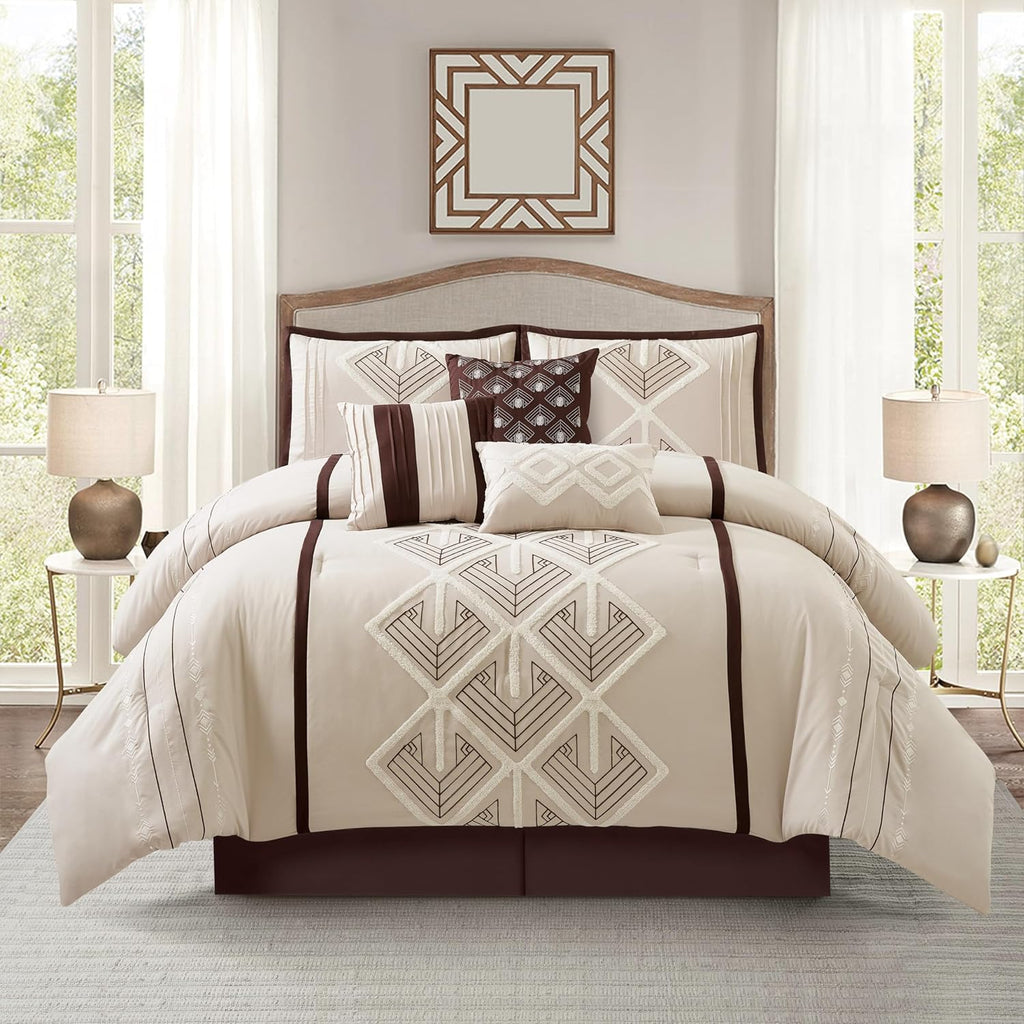 Stratford Park Brown Comforter Set Queen Size, 7 Piece, Terry Embroidery Geometric Home Decor, Matcking Bed Skirt, Pillows & Shams, All Season Bedding Set