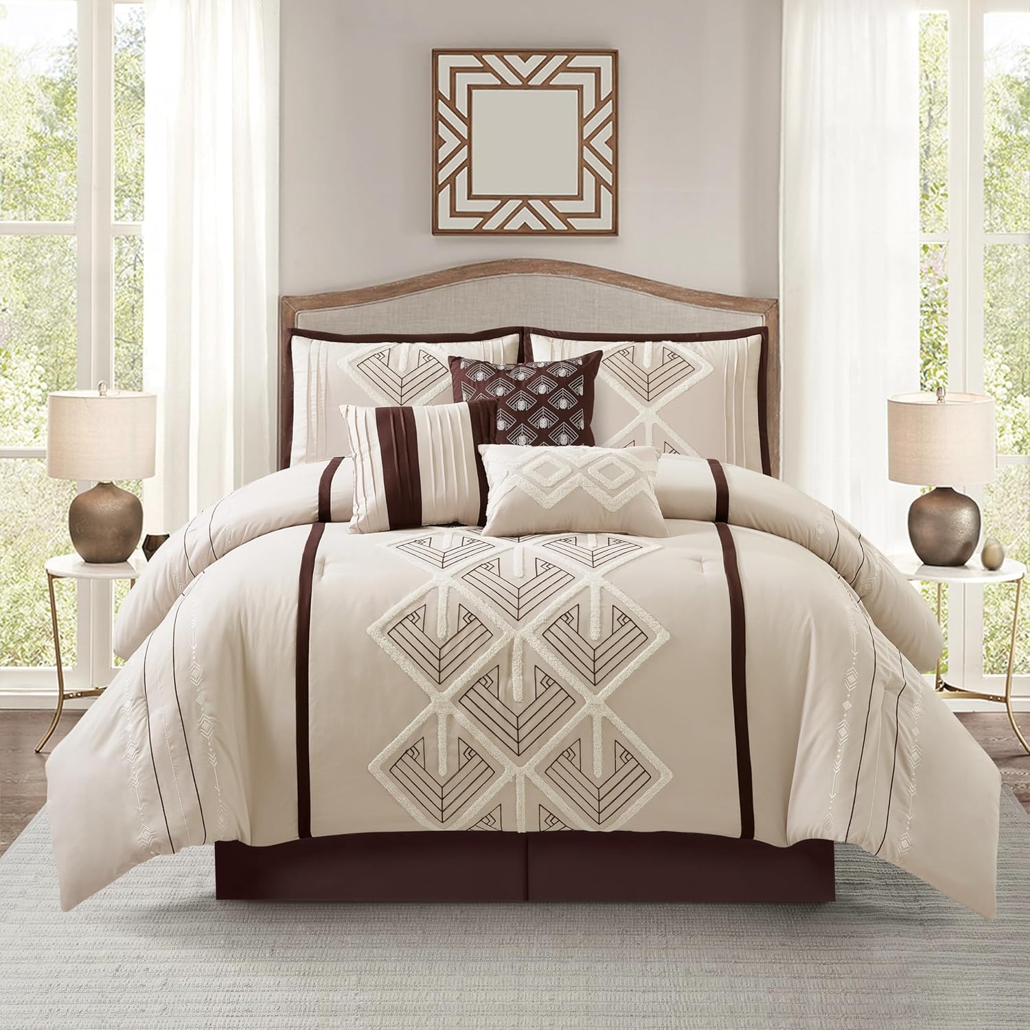 Stratford Park Brown Comforter Set Queen Size, 7 Piece, Terry Embroidery Geometric Home Decor, Matcking Bed Skirt, Pillows & Shams, All Season Bedding Set